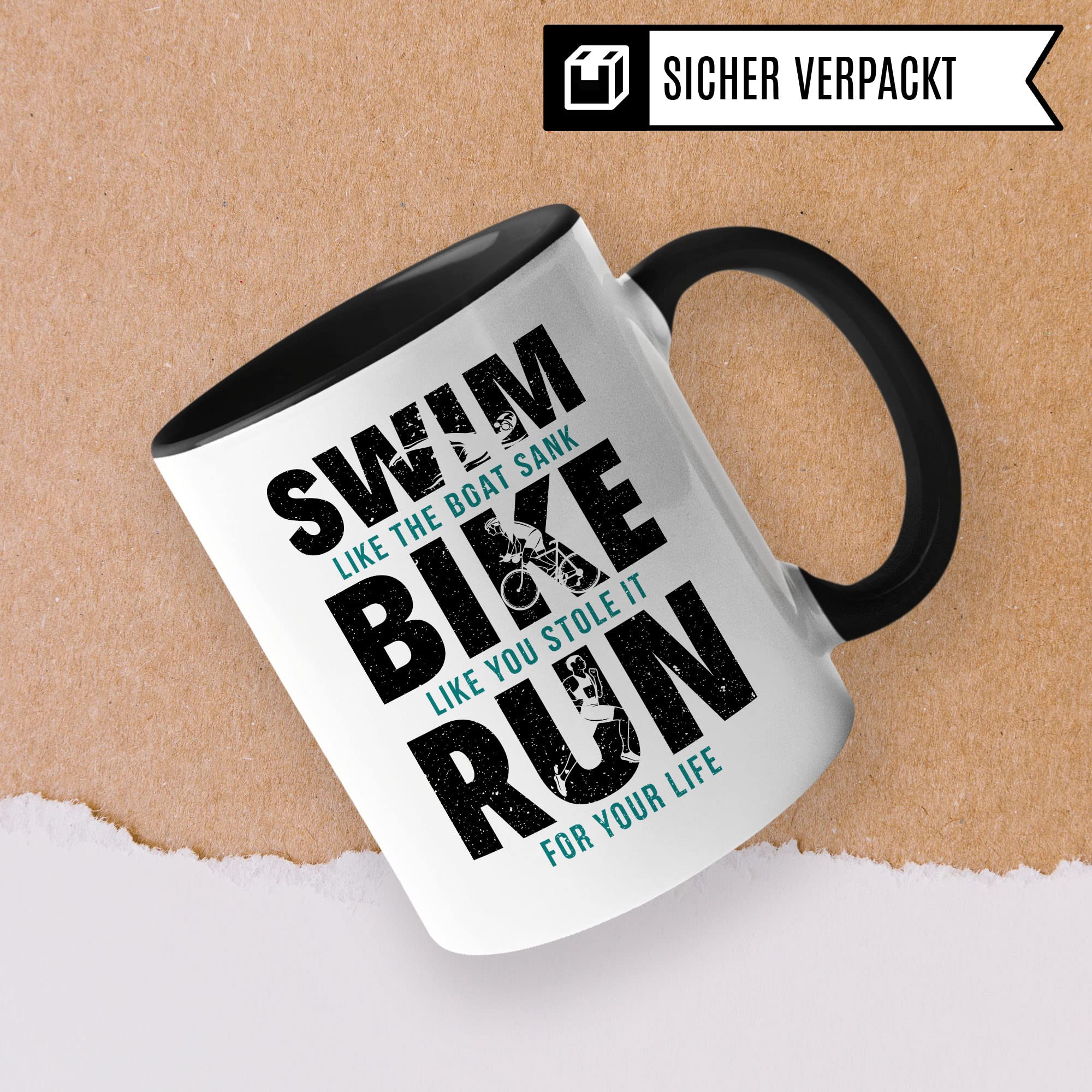 Triathlon Tasse Geschenkidee Swim Bike Run Kaffeetasse Humor Witz Geschenk für Triathleten Kaffeebecher Sportler Becher