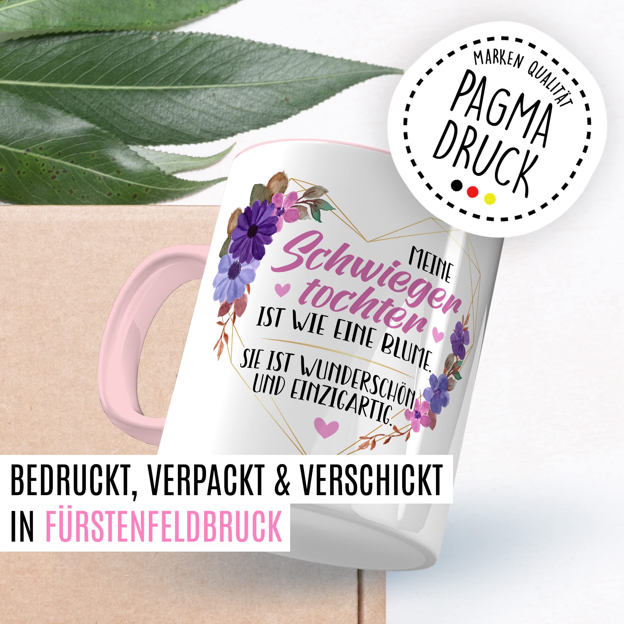 Schwiegertochter Tasse Geschenk Hochzeit Kaffeetasse Geschenkidee Schwiegereltern Kaffee-Becher mit Spruch Wie eine Blume wunderschön und einzigartig