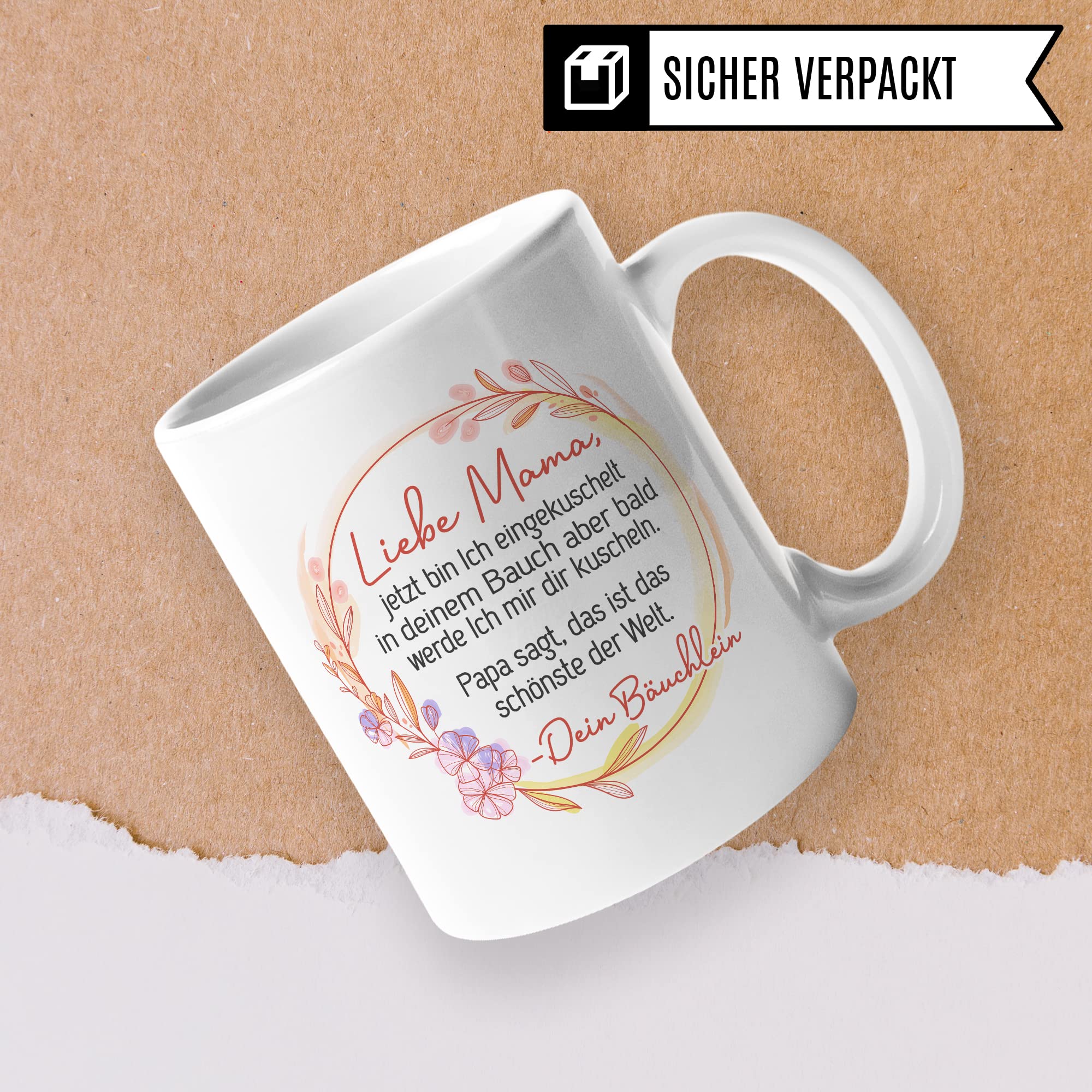 Tasse Mama Schwangerschaft, Liebe Mama, jetzt bin Ich eingekuschelt in deinem Bauch, Geschenk Schwanger, schöner Spruch Geschenkidee werdende Mutter Kaffee-Becher