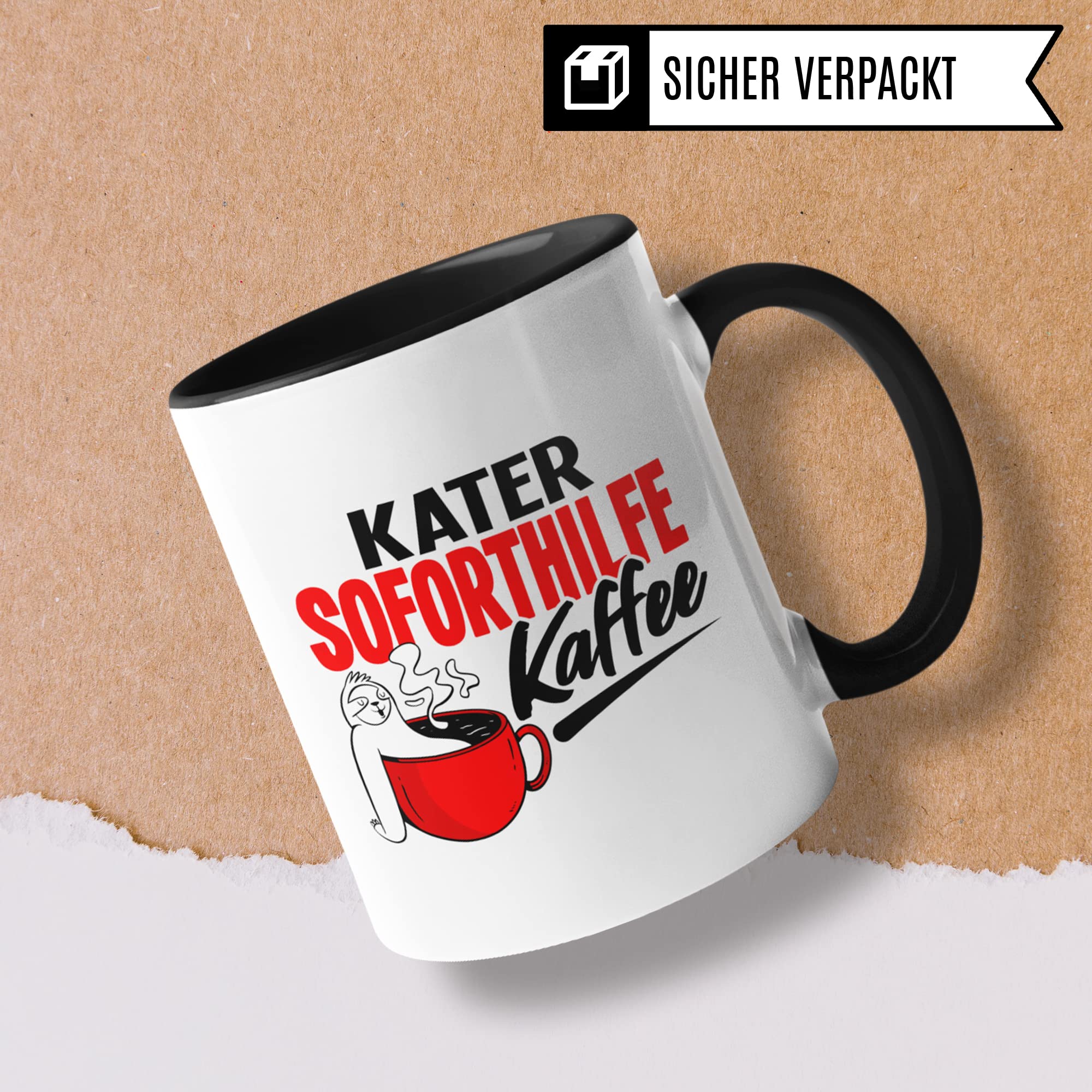 Tasse lustig mit Spruch - Kater Soforthilfe Kaffee - Geschenk für Freund Freundin Männer Frauen - Kaffeetasse gegen Hangover Party Saufen Kopfschmerzen, Witz Kaffeebecher