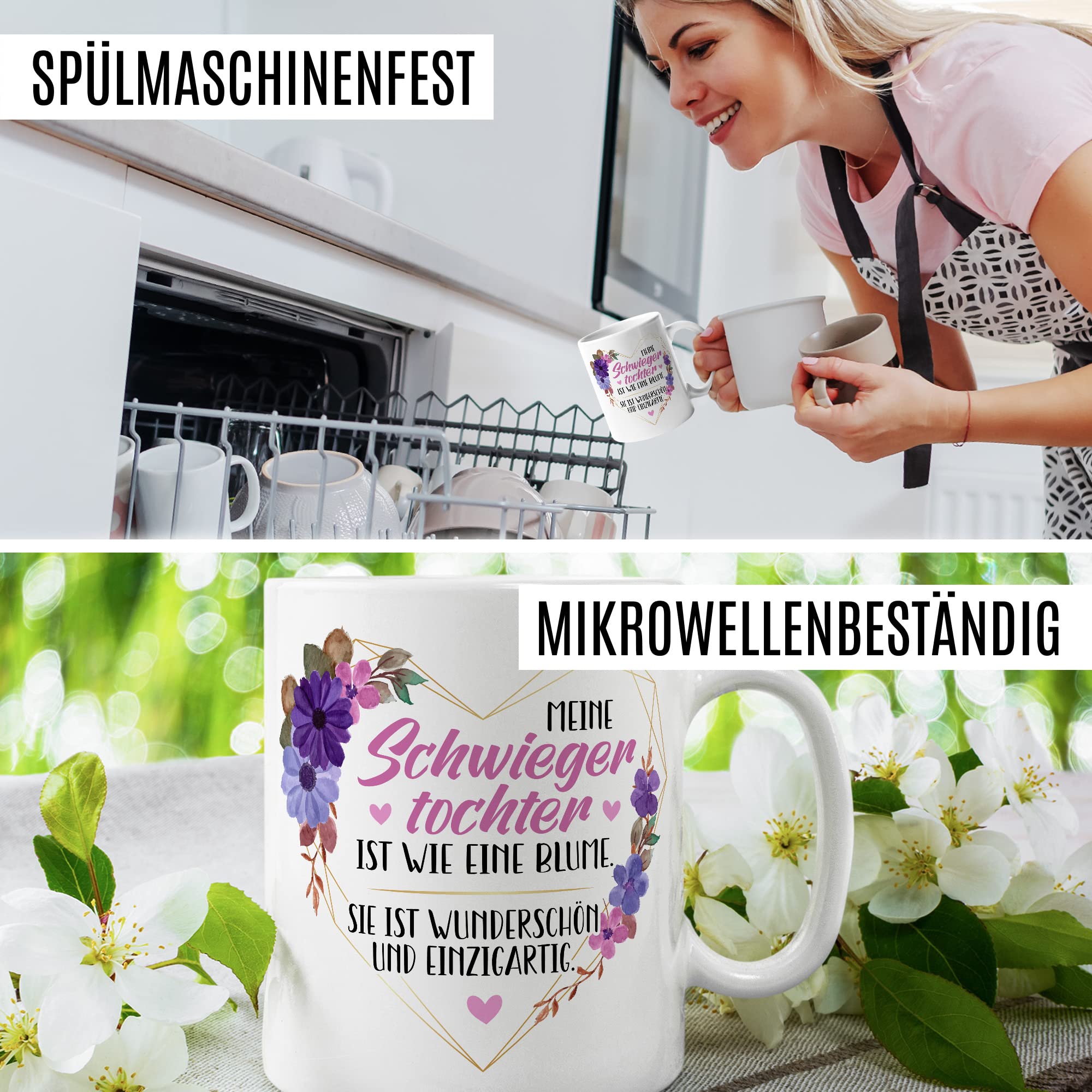 Schwiegertochter Tasse Geschenk Hochzeit Kaffeetasse Geschenkidee Schwiegereltern Kaffee-Becher mit Spruch Wie eine Blume wunderschön und einzigartig