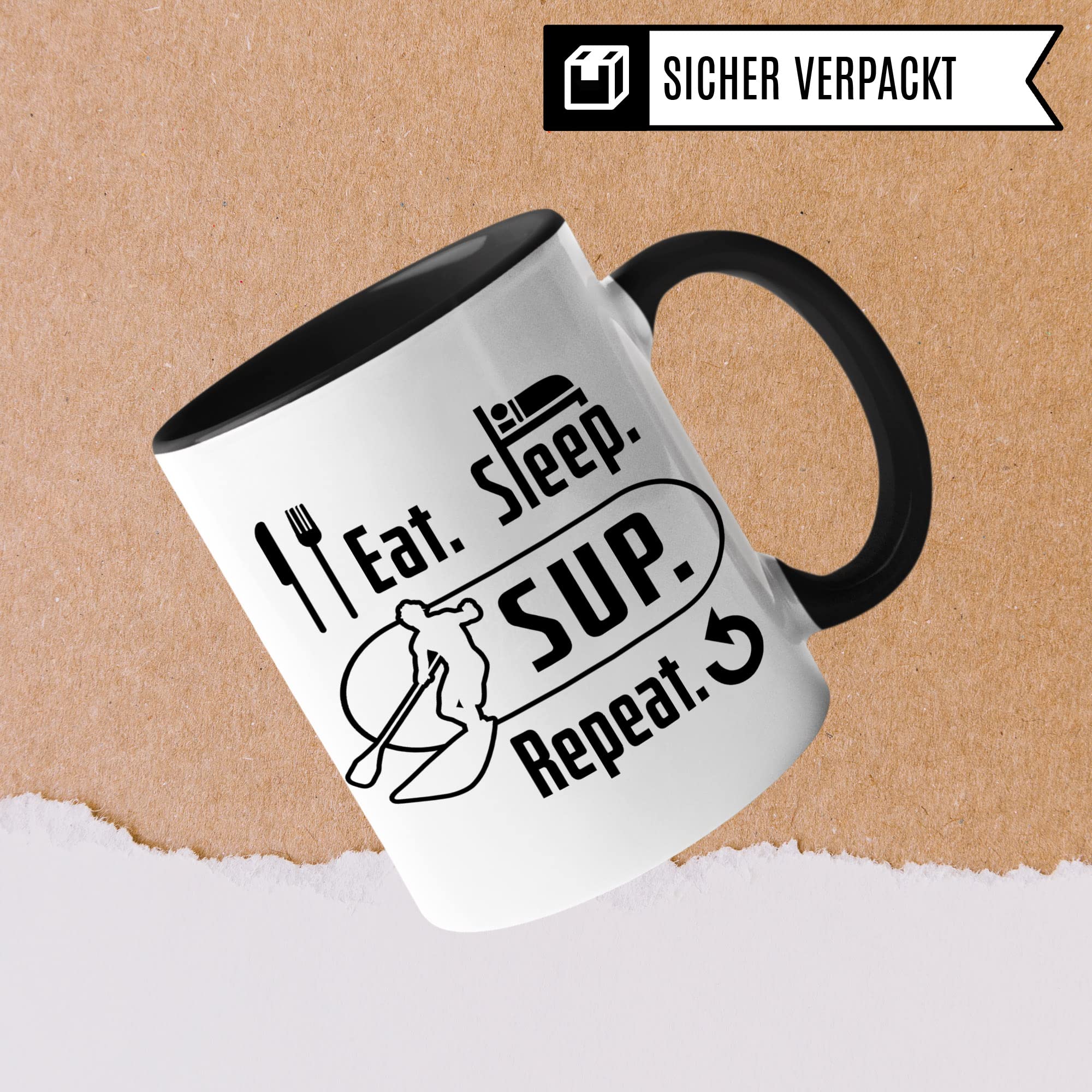 Stand Up Paddling Tasse Geschenkidee, Kaffeebecher für Stand Up Paddling Geschenk, Stand Up Paddle Kaffeetasse, Eat sleep SUP repeat Becher