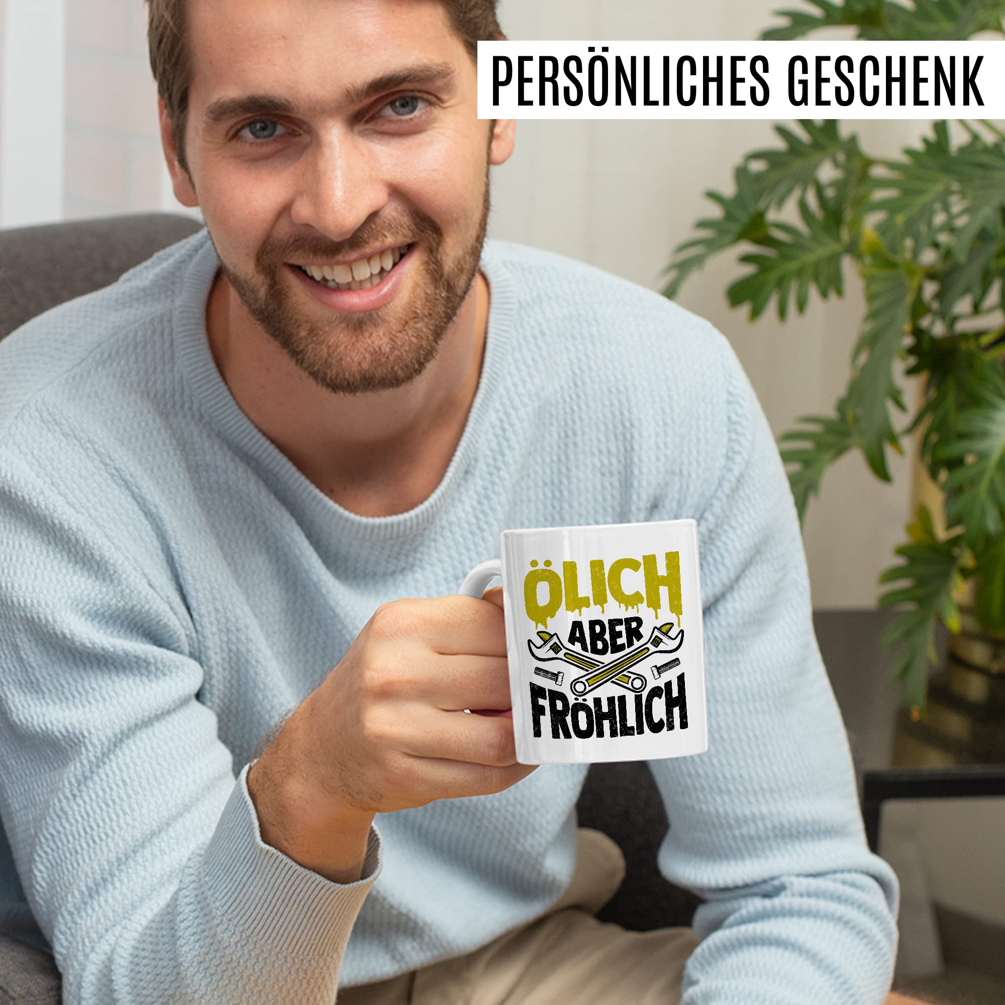 Tasse Mechatroniker Geschenk, Ölich aber Fröhlich Geschenkidee KFZ-Mechatroniker Kaffee-Becher Kaffeetasse Tasse mit Spruch lustig Mechaniker Schrauber Teetasse