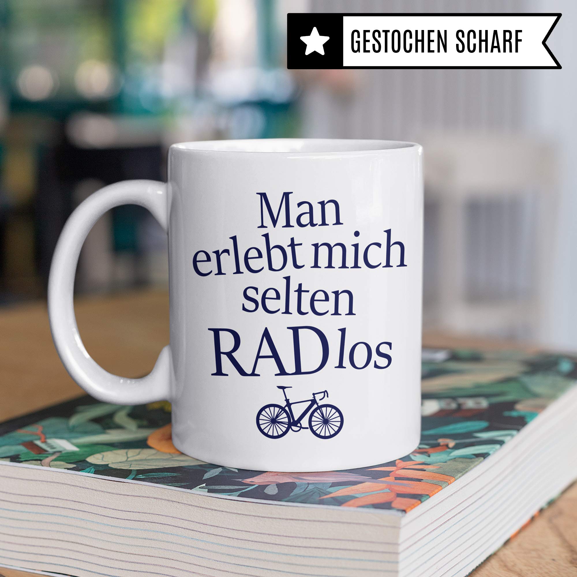 Fahrrad Tasse mit "RADlos" Spruch - Kaffeebecher für Fahrradfahrer mit Rad Motiv