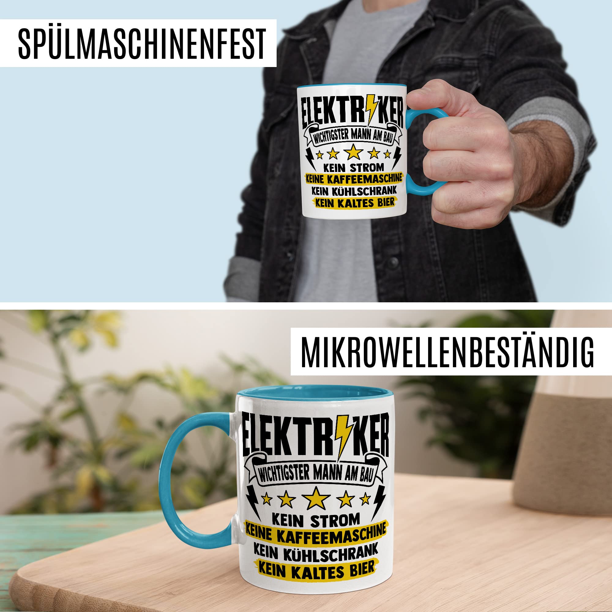 Installateur Tasse Elektriker Wichtigster Mann am Bau Witz Geschenkidee Elektronik Kaffeetasse Geschenk für Elektrotechniker Kaffeebecher Baustellen Becher