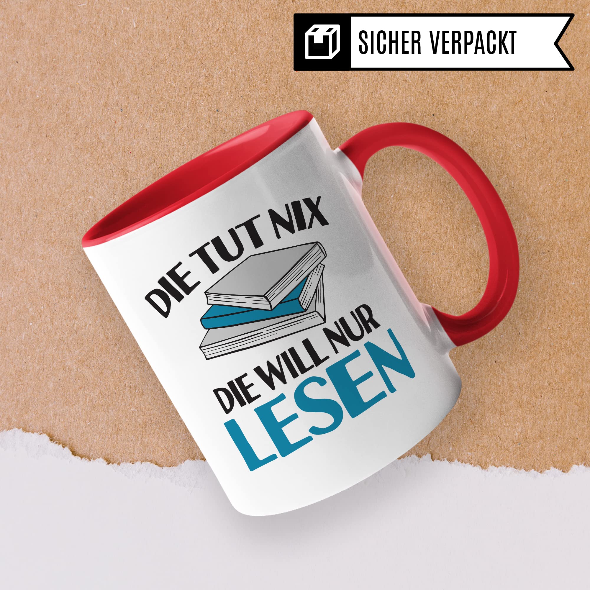 Lesen Tasse lustig Kaffeetasse mit Spruch Bücherwurm Geschenkidee Humor Kaffee-Becher Leseratte Geschenk Die tut nix Die will nur lesen Freundin Kollegin Buch Fan Geschenkartikel lustig Teetasse