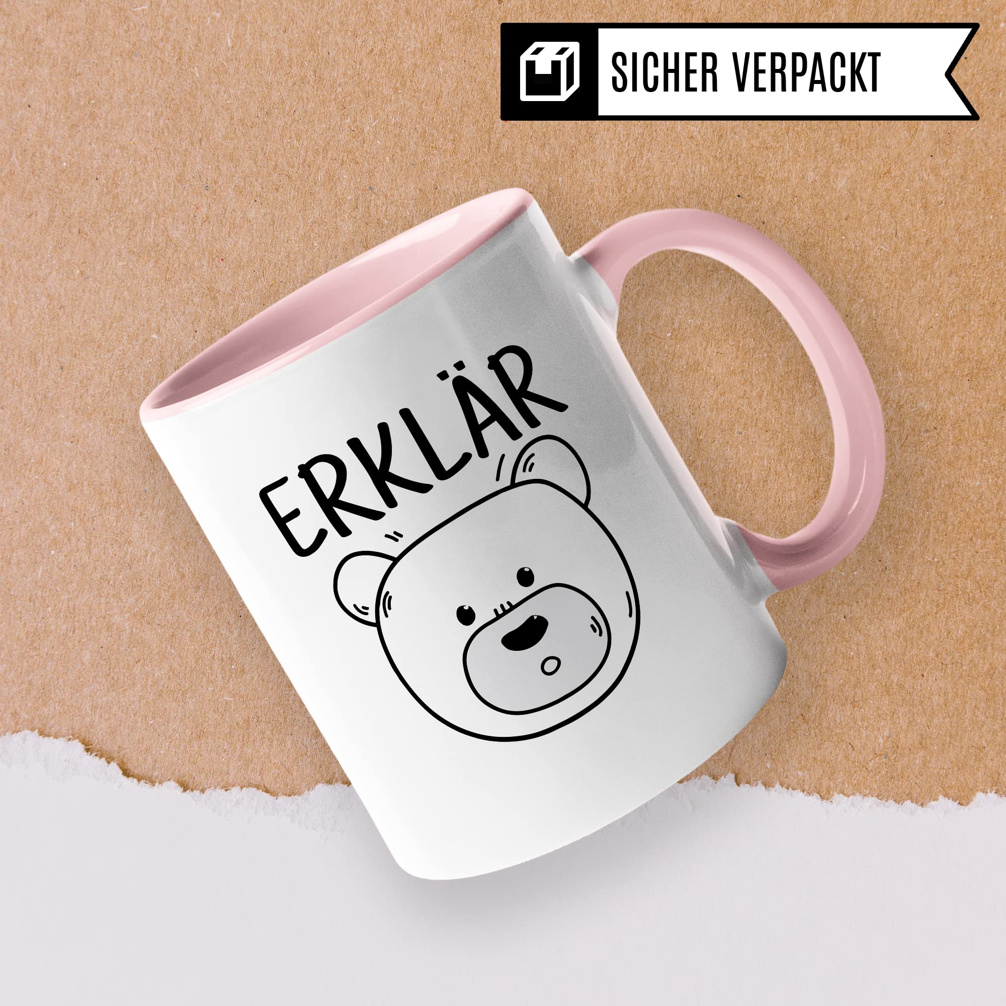 Tasse Erklärbär Geschenk Tasse mit Wortspiel Geschenkidee Kaffeetasse Tasse mit Spruch lustig Bären-Motiv Kaffee-Becher Teetasse Witztasse Humor Witz Deutschlehrer Germanistik