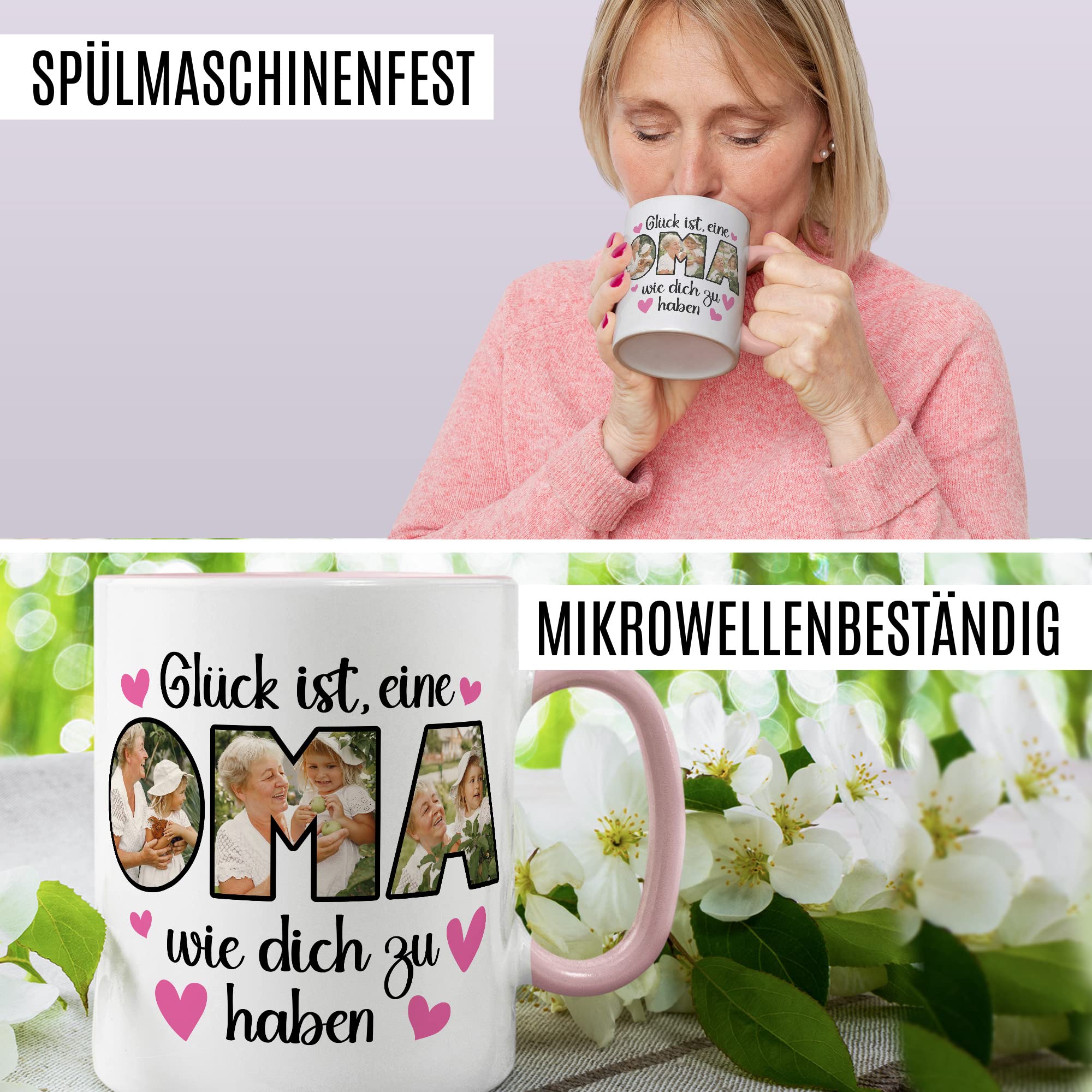 Oma Tasse personalisliert mit Bild, Glück ist eine Oma wie dich zu haben, Geschenk personalisierbar Großmutter Spruch Enkelkinder Geschenkidee Enkel Kaffeetasse