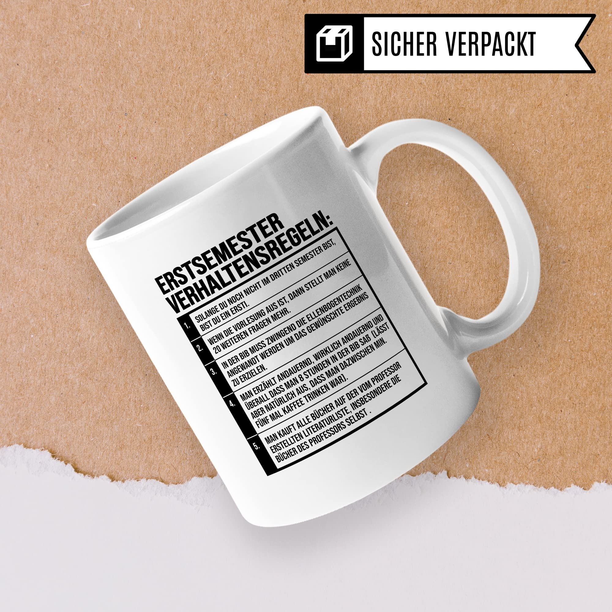 Erstsemester Tasse lustig Student Kaffeetasse Witz Studentin Kaffee-Becher Humor erstes Semester Geschenk Studienbeginn Geschenkidee Ersti Regeln Verhaltensregeln