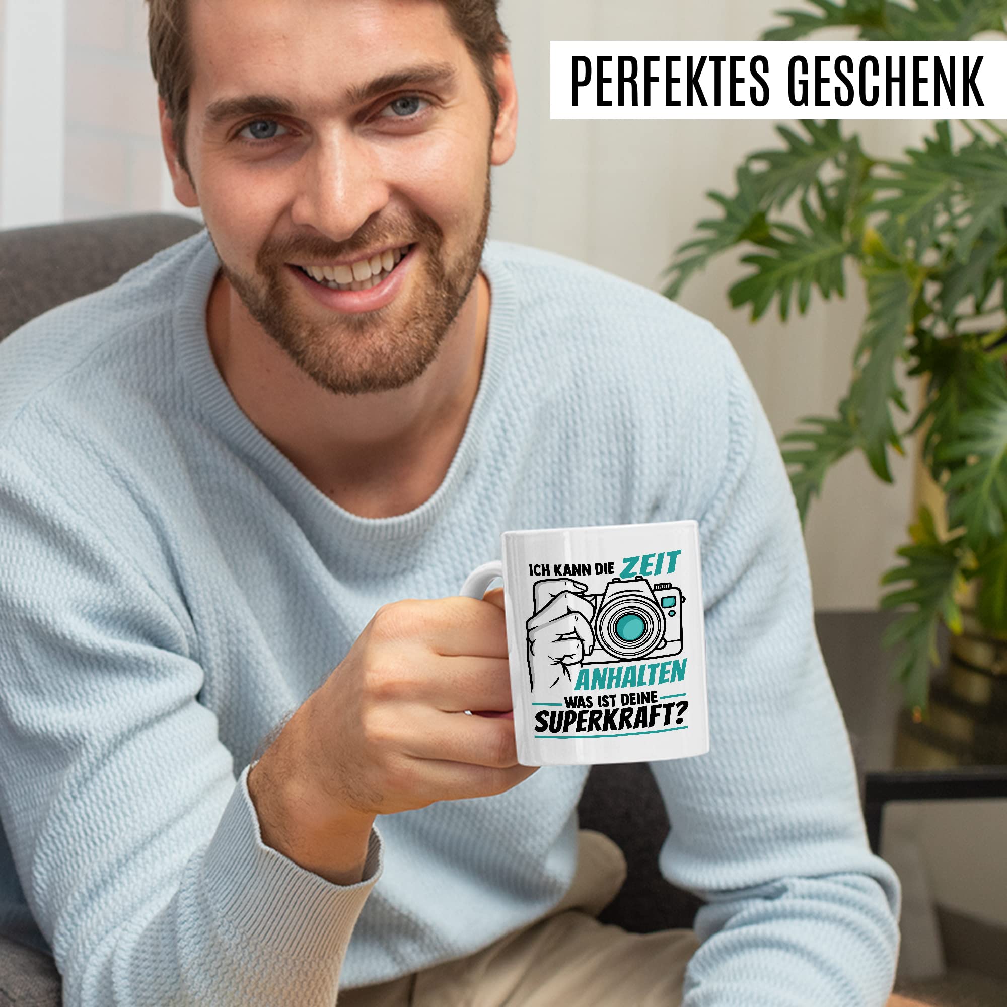 Tasse Kameramann Geschenk, Ich kann die Zeit einhalten - Und was ist deine Superkraft Geschenkidee Fotograf Kaffee-Becher Kaffeetasse mit Spruch lustig Kamera fotografieren