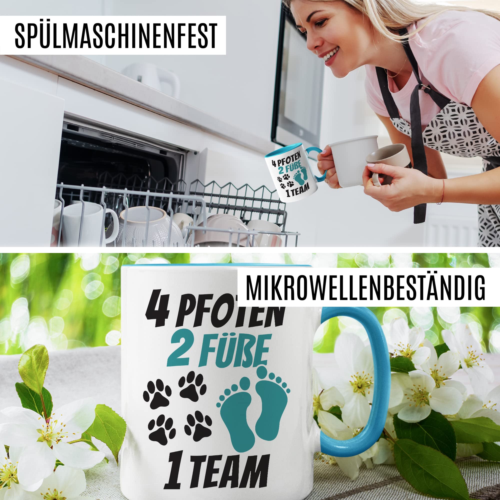 Tasse Hundebesitzer Geschenk, 4 Pfoten 2 Füße 1 Team Geschenkidee Kaffeetasse mit Spruch Hundehalter Hunde-Liebhaber Hund Kaffee-Becher Hand & Pfote Vierbeiner