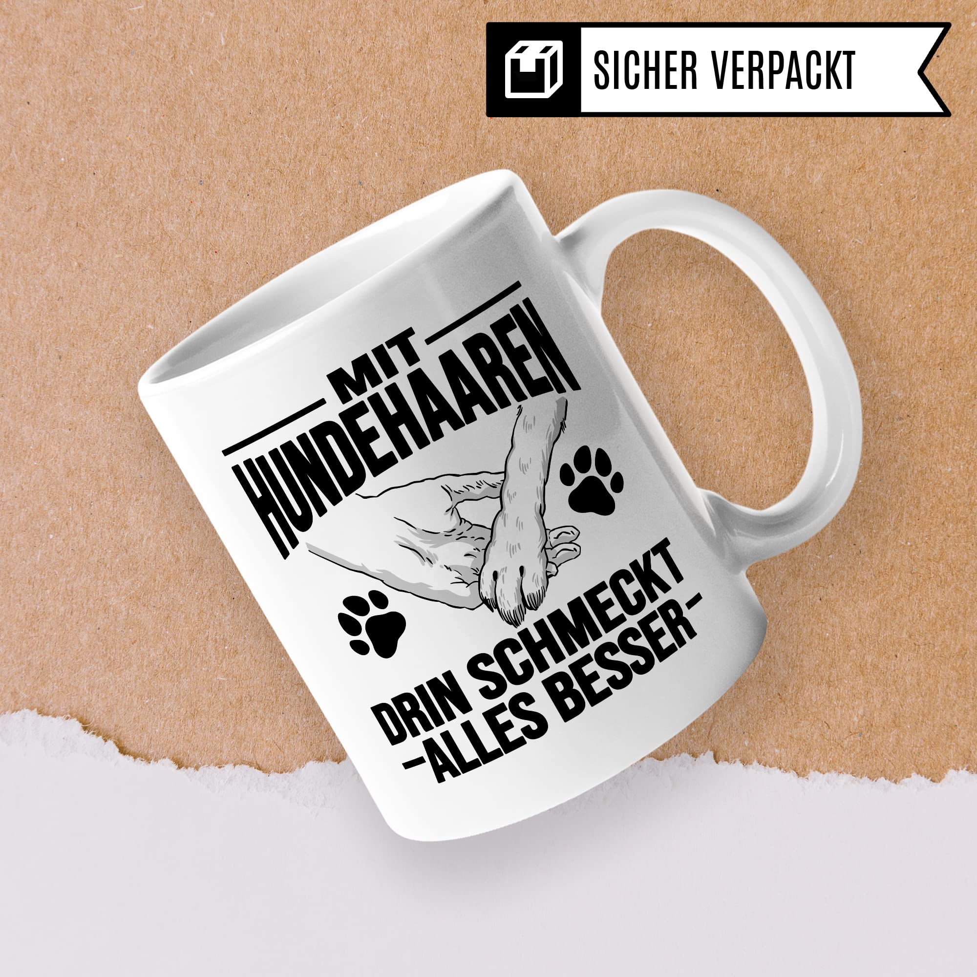 Hunde Tasse Geschenk, Mit Hundehaaren drin schmeckt alles besser Geschenkidee Hundebesitzer Kaffee-Becher Kaffeetasse Teetasse Hundehalter Hund Tasse mit Spruch lustig