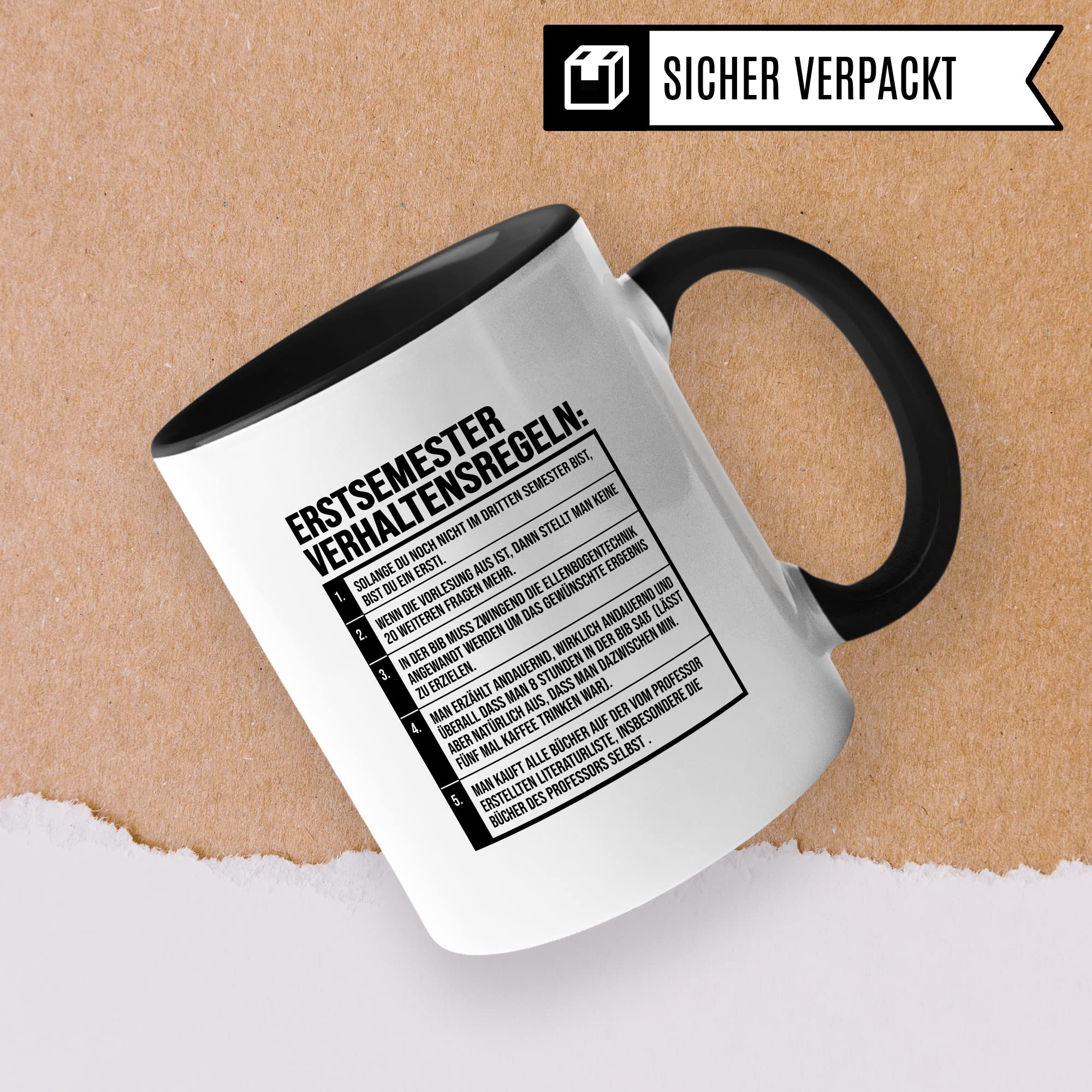 Erstsemester Tasse lustig Student Kaffeetasse Witz Studentin Kaffee-Becher Humor erstes Semester Geschenk Studienbeginn Geschenkidee Ersti Regeln Verhaltensregeln