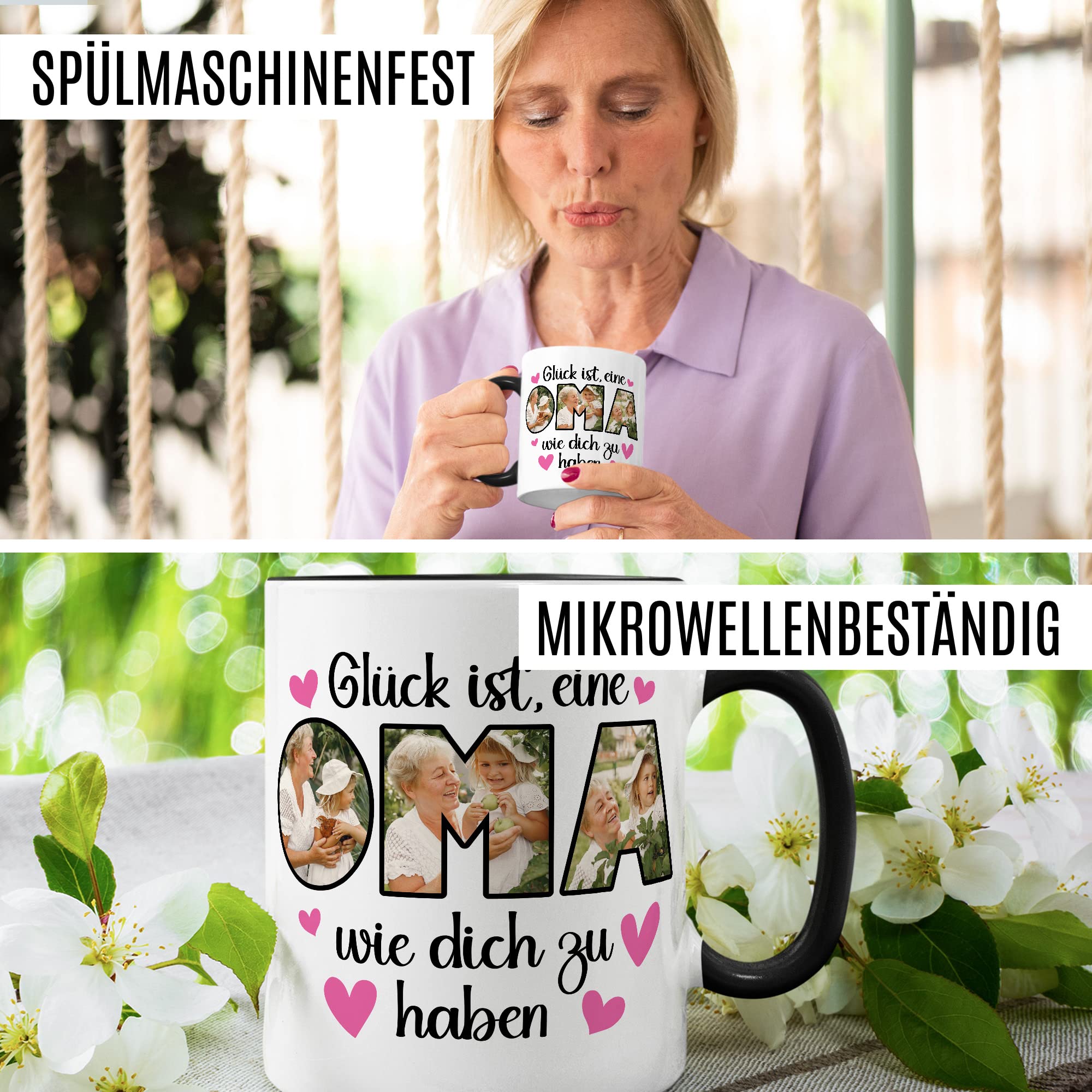 Oma Tasse personalisliert mit Bild, Glück ist eine Oma wie dich zu haben, Geschenk personalisierbar Großmutter Spruch Enkelkinder Geschenkidee Enkel Kaffeetasse