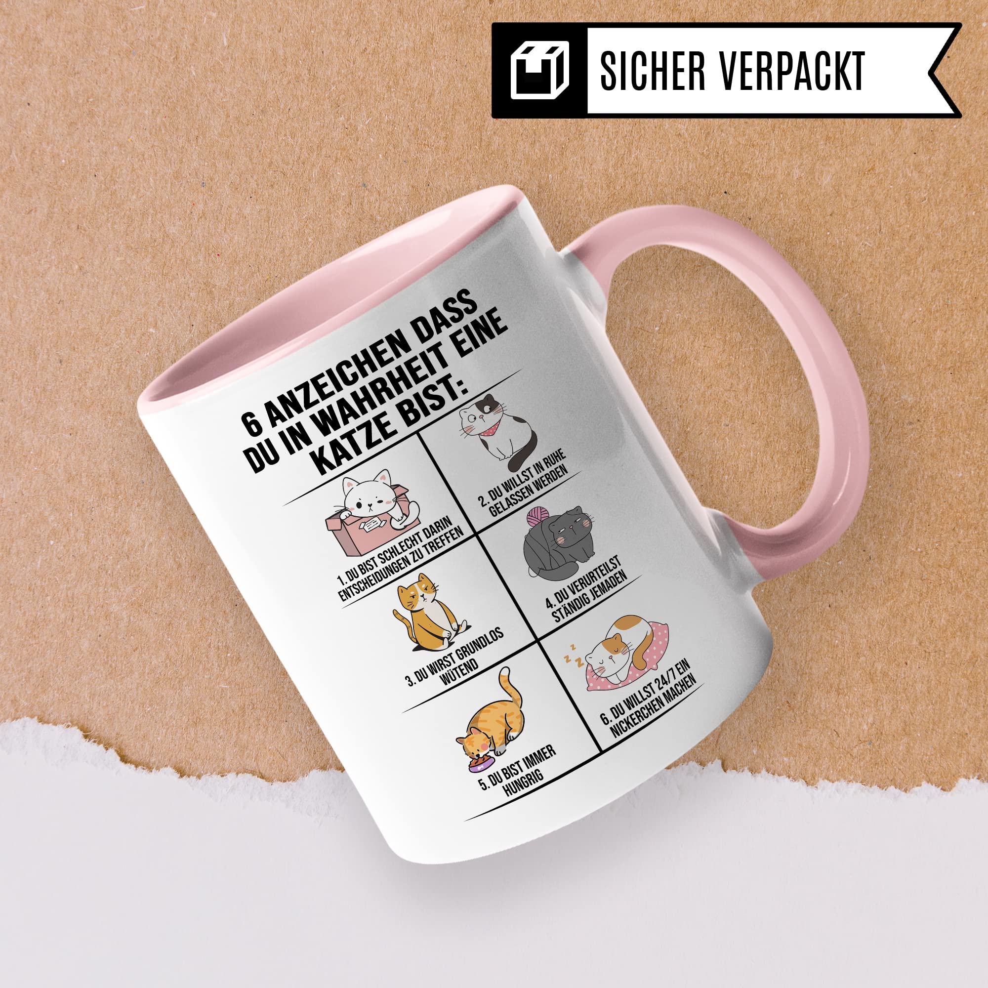 Lustige Tasse Katzen Kaffeetasse Humor Kaffee-Becher mit Spruch Katze Witz 6 Anzeichen dass du eine Katze bist Witz Katzenmama Geschenk Geschenkidee für Katzenliebhaber