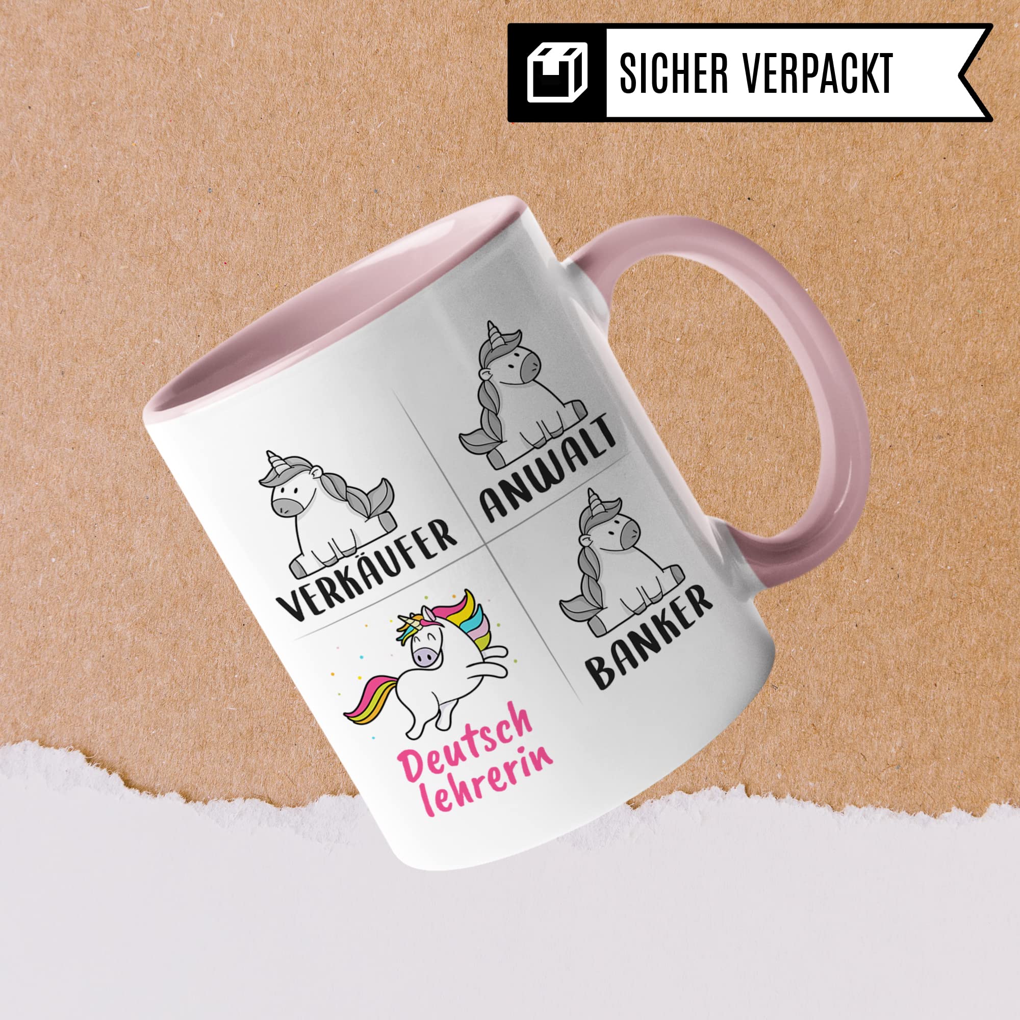 Tasse Deutschlehrerin lustig, Deutschlehrerin Geschenk, Spruch Deutsch Lehrerin Kaffeebecher Geschenkidee, Kaffeetasse Beruf Lehramt Einhorn Frauen Teetasse Becher