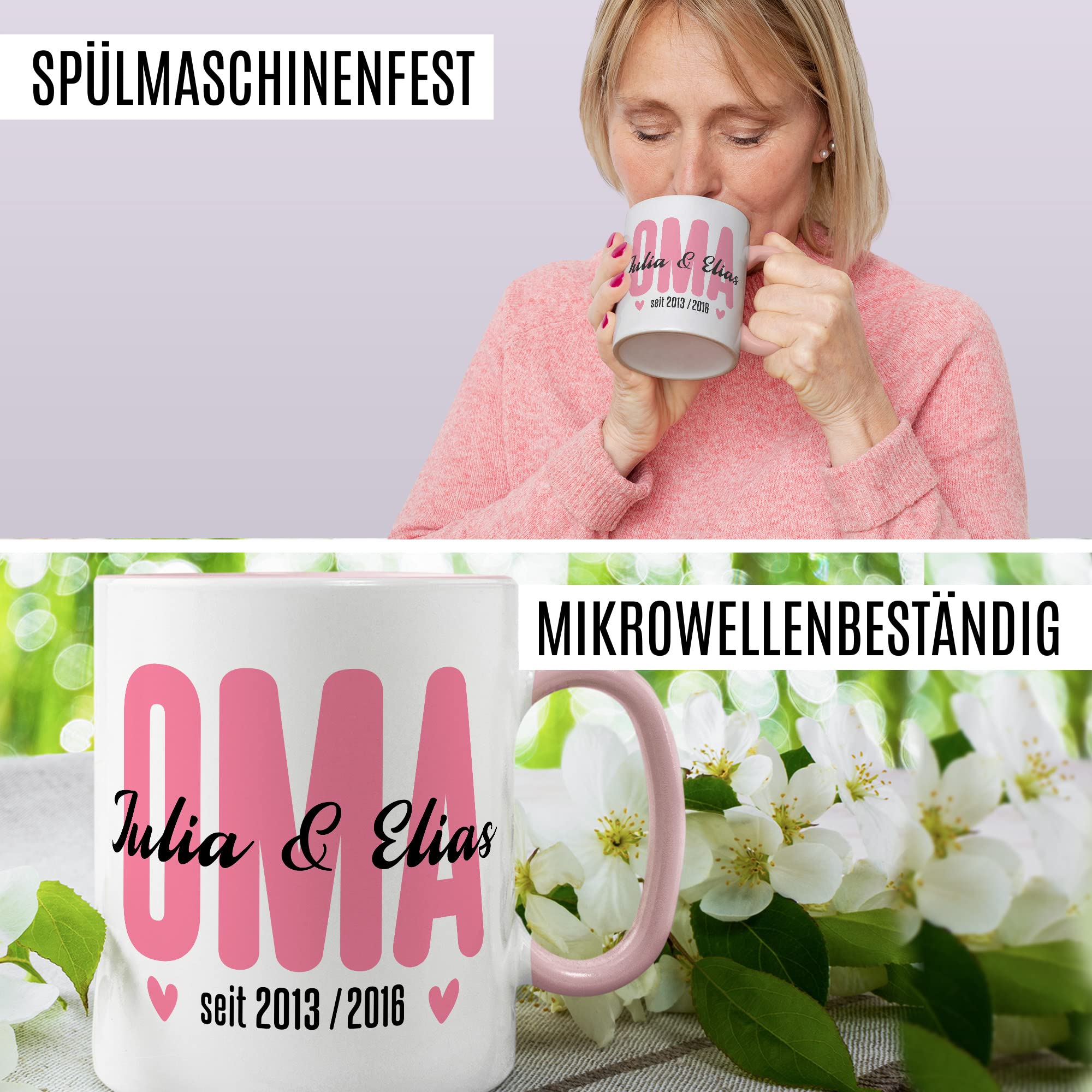 Oma Tasse mit Enkelnamen und Geburtsjahr Geschenkidee Personalisierbar Kaffeetasse Geschenk für Großmutter Kaffeebecher Enkel Becher