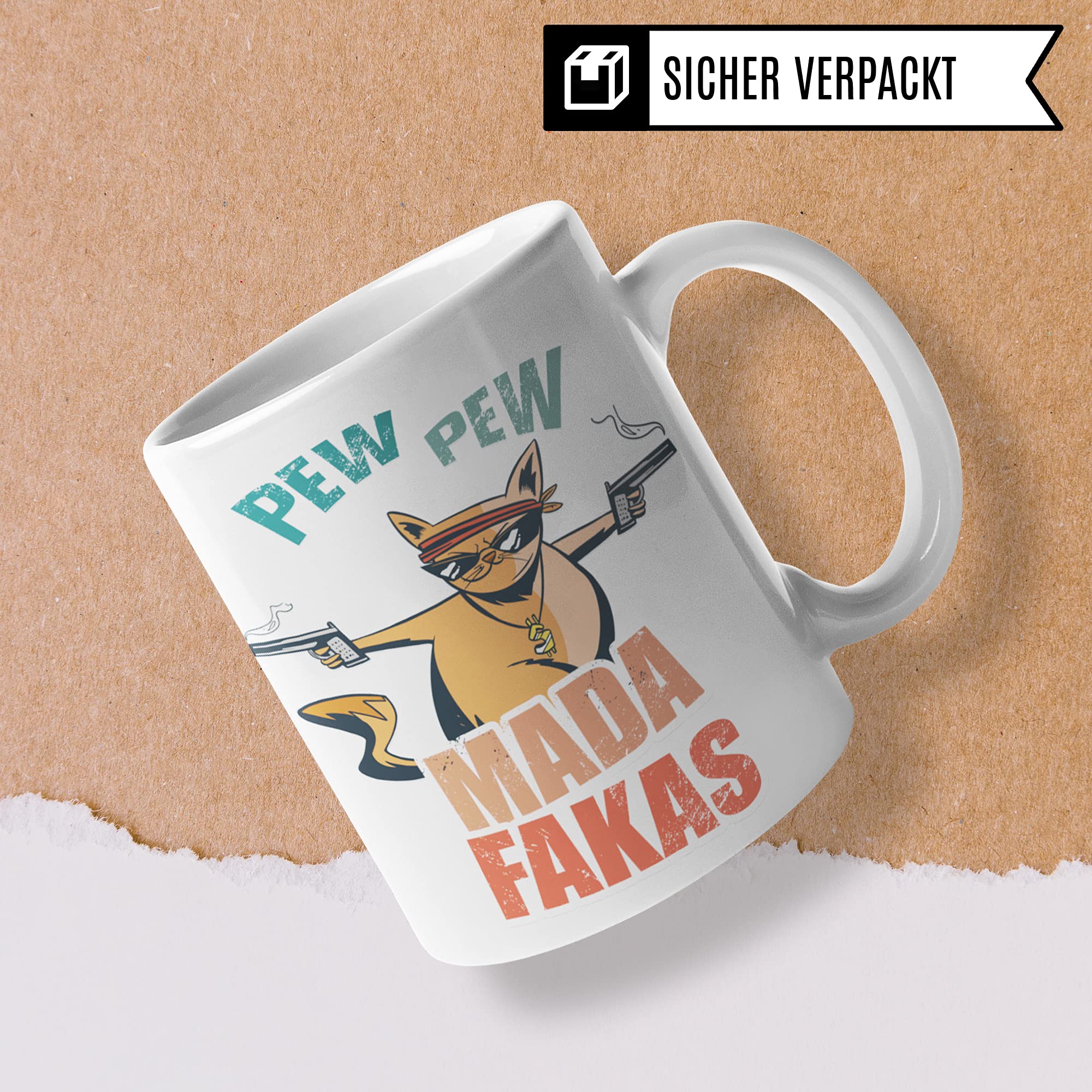 Tasse mit Spruch lustig: Pew Pew Madafakas Tasse - Becher Katze witzig - Geschenkidee mit lustigem Spruch - Kaffeetasse Katzenmotiv für Katzenmama & Katzenpapa Kaffeebecher