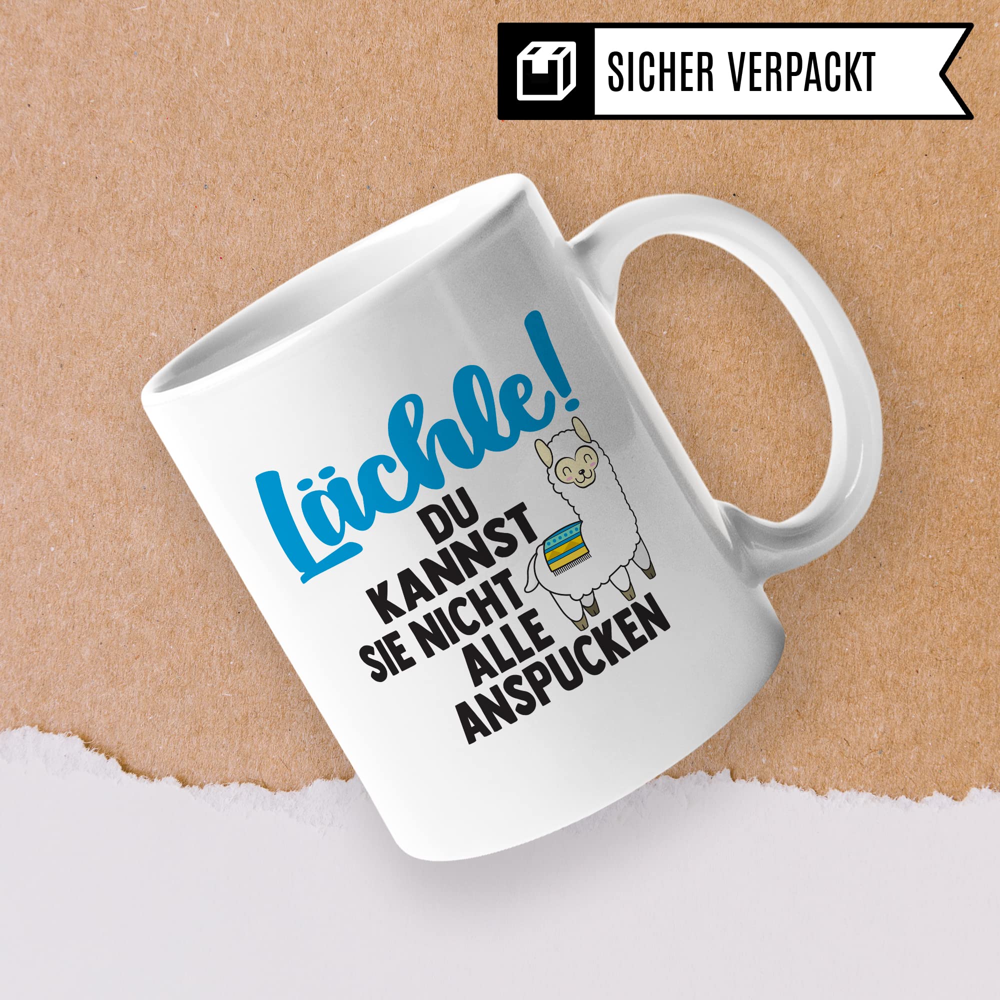 Tasse Lama Geschenk, Lächle! Du kannst sie nicht alle anspucken Geschenkidee Tasse mit Spruch lustig Kaffee-Becher Kaffeetasse Teetasse Humor Witz Witztasse Alpaka spucken