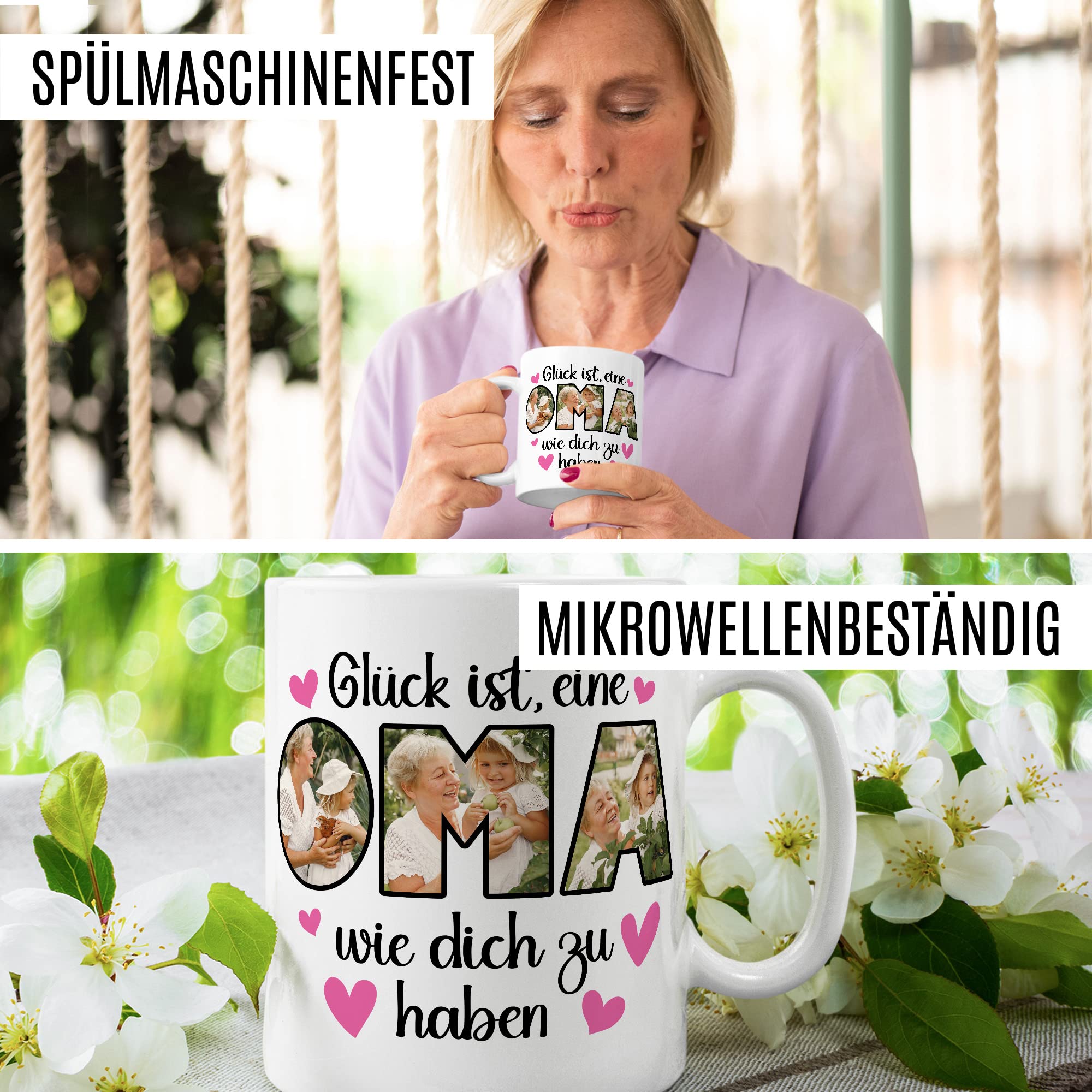 Oma Tasse personalisliert mit Bild, Glück ist eine Oma wie dich zu haben, Geschenk personalisierbar Großmutter Spruch Enkelkinder Geschenkidee Enkel Kaffeetasse