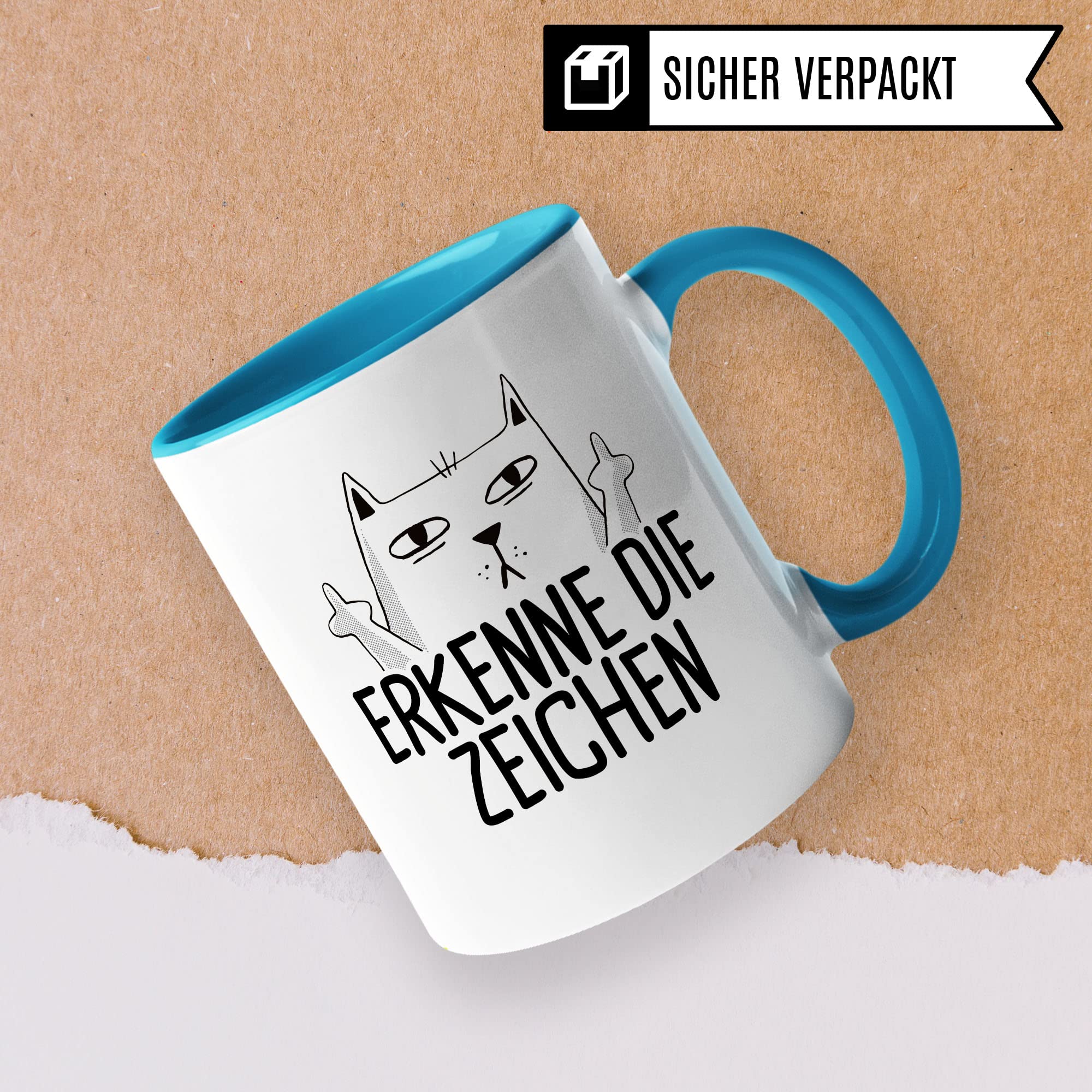 Tasse mit Katzen Motiv "Erkenne die Zeichen" mit Mittelfinger Comic - Kaffeetasse als lustiges Geschenk