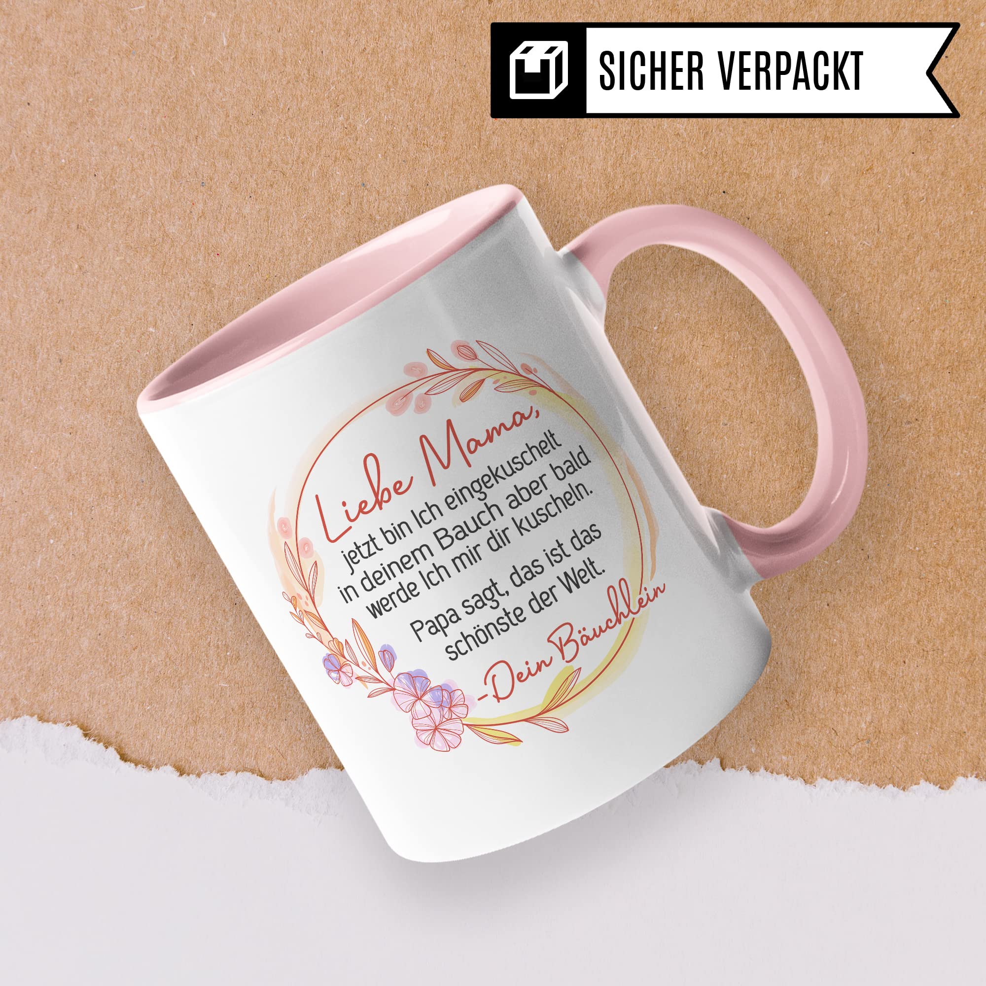 Tasse Mama Schwangerschaft, Liebe Mama, jetzt bin Ich eingekuschelt in deinem Bauch, Geschenk Schwanger, schöner Spruch Geschenkidee werdende Mutter Kaffee-Becher