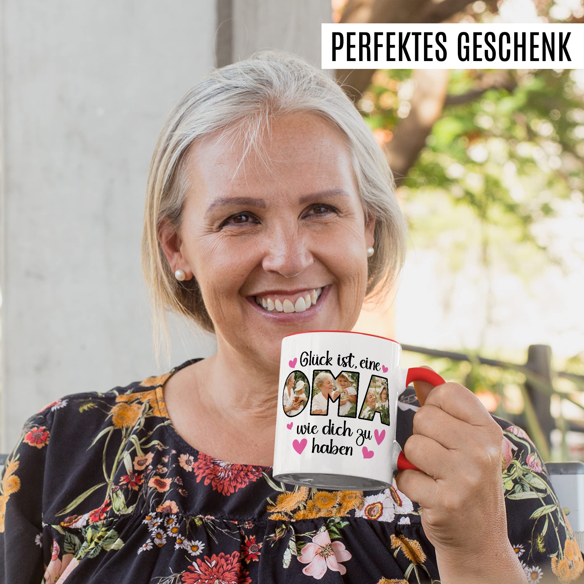 Oma Tasse personalisliert mit Bild, Glück ist eine Oma wie dich zu haben, Geschenk personalisierbar Großmutter Spruch Enkelkinder Geschenkidee Enkel Kaffeetasse