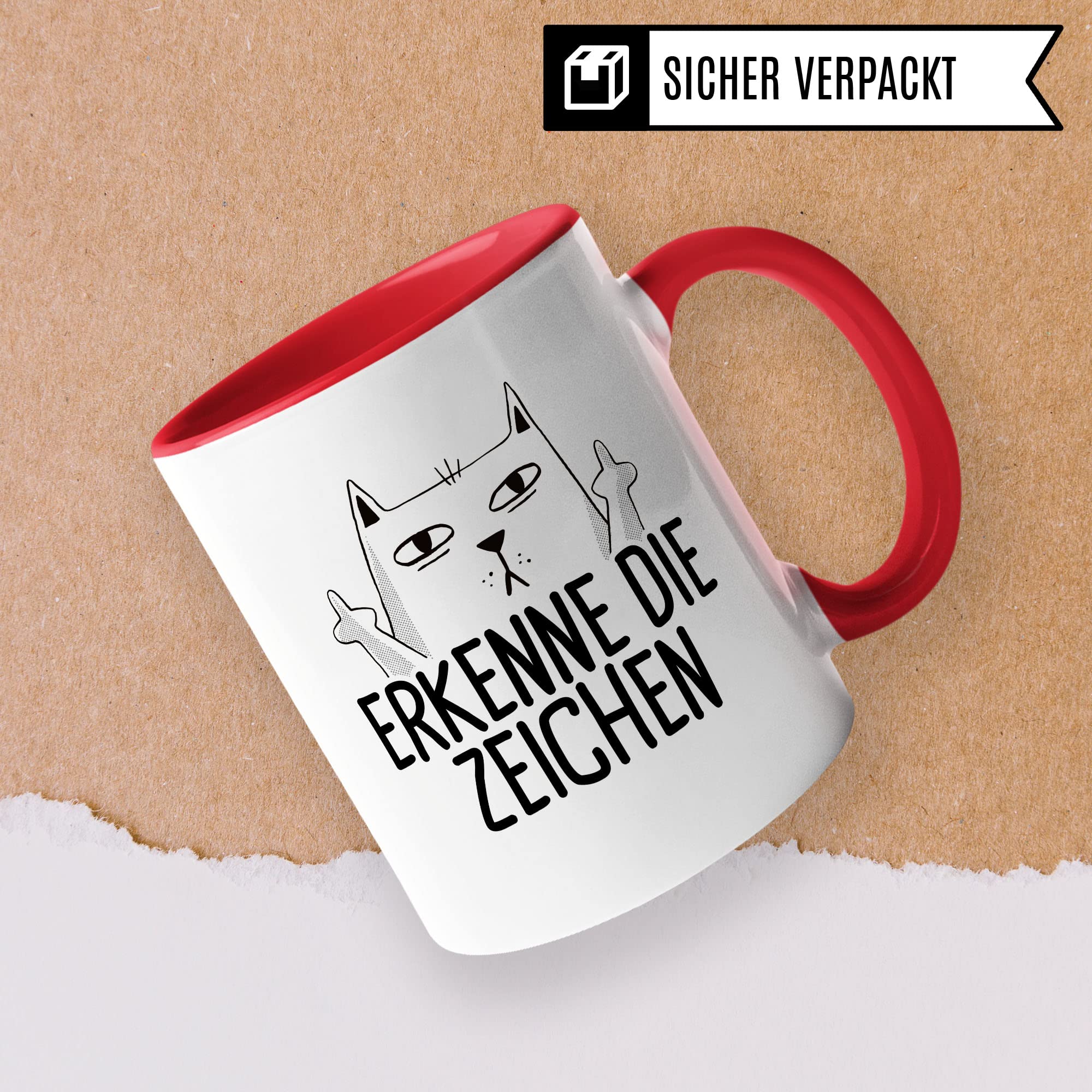 Tasse mit Katzen Motiv "Erkenne die Zeichen" mit Mittelfinger Comic - Kaffeetasse als lustiges Geschenk