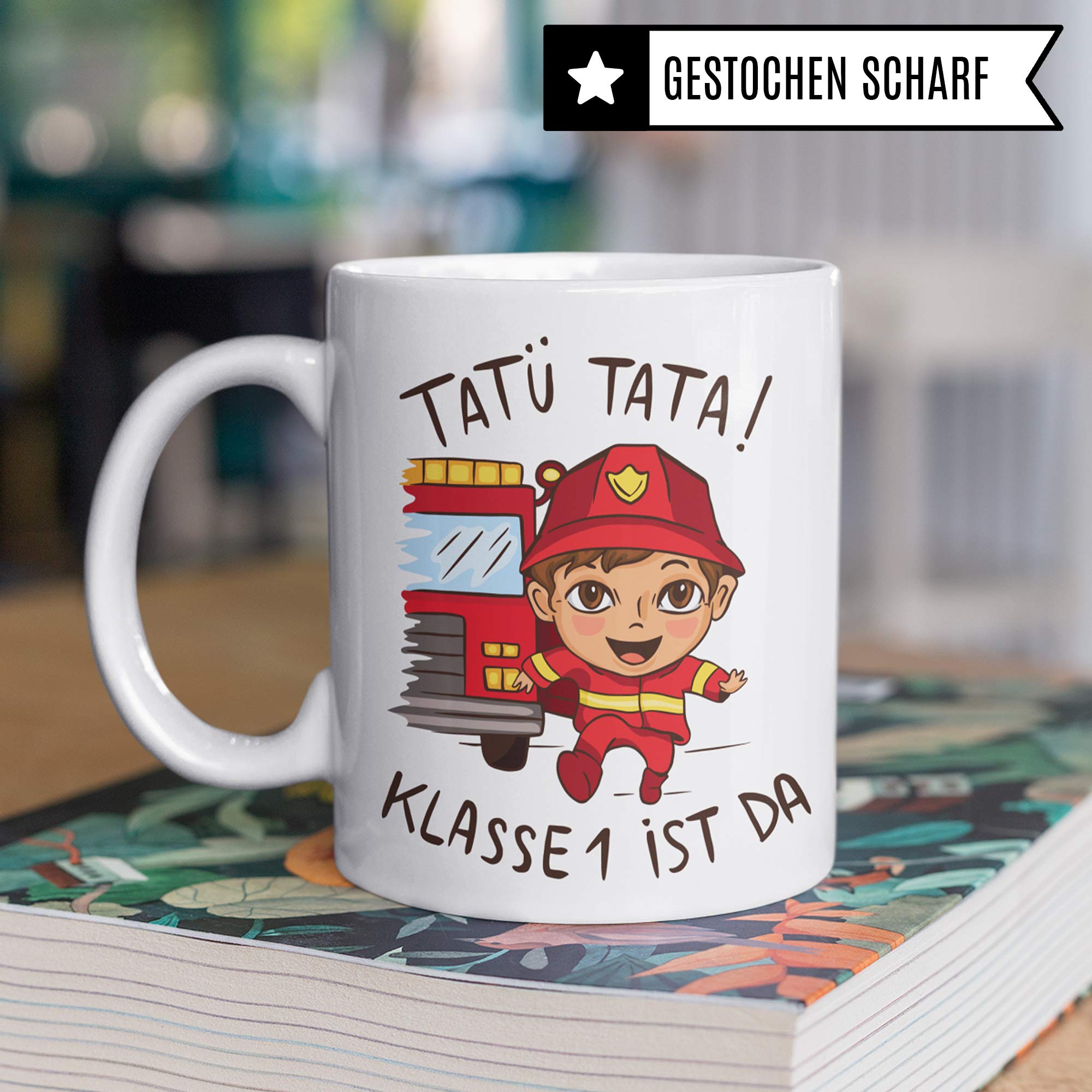 Pagma Druck Tasse Einschulung, Geschenke zur Einschulung, Junge & Mädchen Schulbeginn Schulanfang Becher, Einschulungsgeschenke Schulkind, Erster Schultag Deko Kakaotasse Feuerwehr