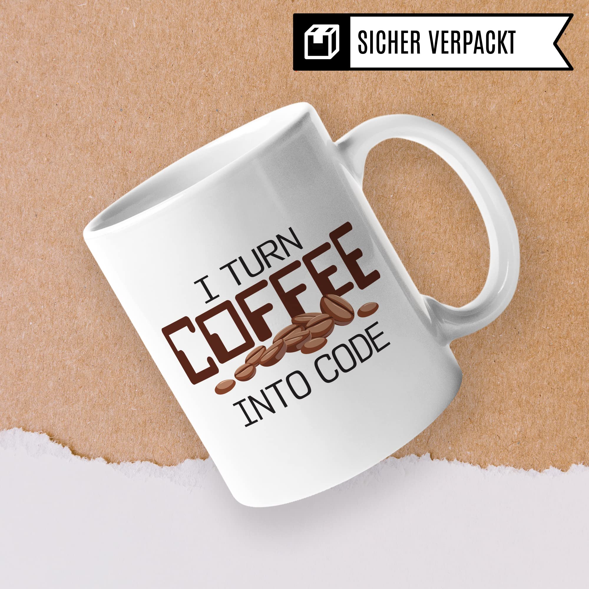 Informatik Geschenk Tasse, I turn Coffee into Code Geschenkidee für Informatiker Kaffee-Becher Informatikerin Programmieren Kaffeetasse mit Spruch lustig Coding