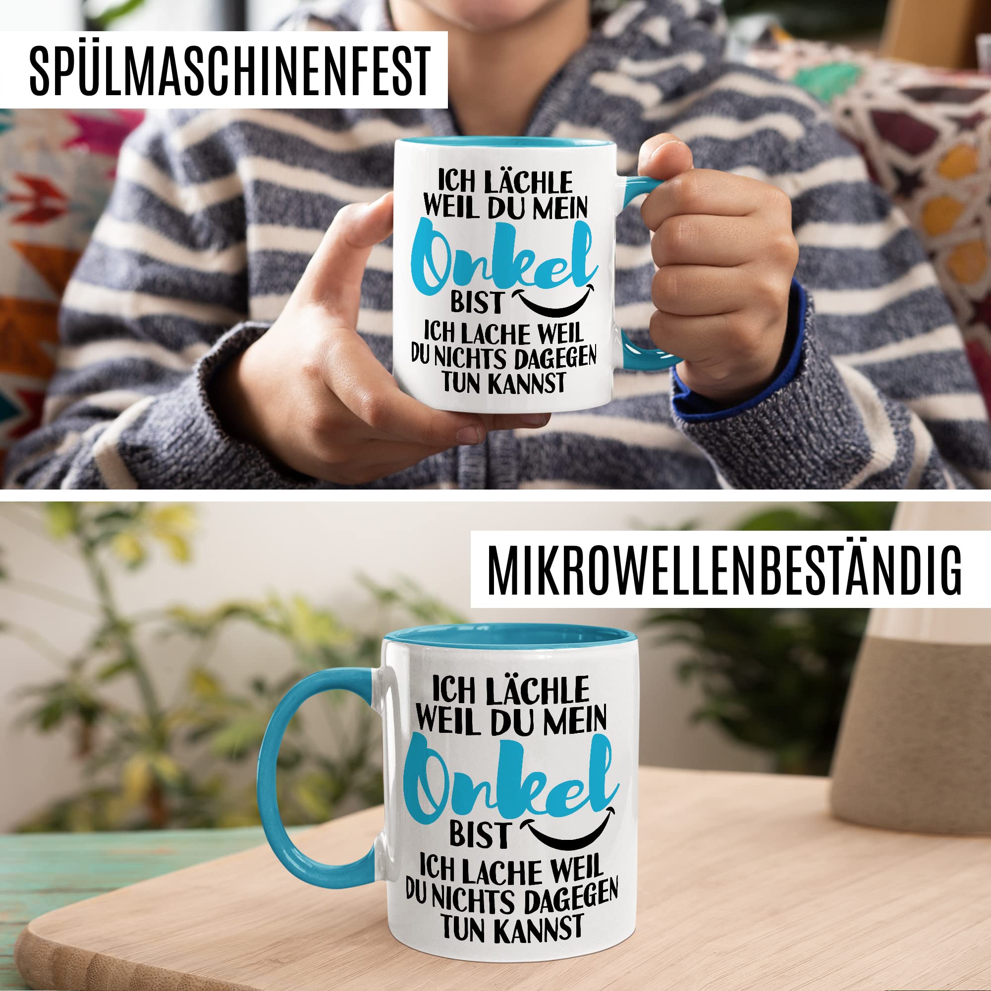 Onkel Tasse Geschenk, Ich lächle weil du mein Onkel bist - Ich lache weil du nichts dagegen tun kannst Geschenkidee Onkel Kaffee-Becher Kaffeetasse Tasse mit Spruch lustig Neffe Familie