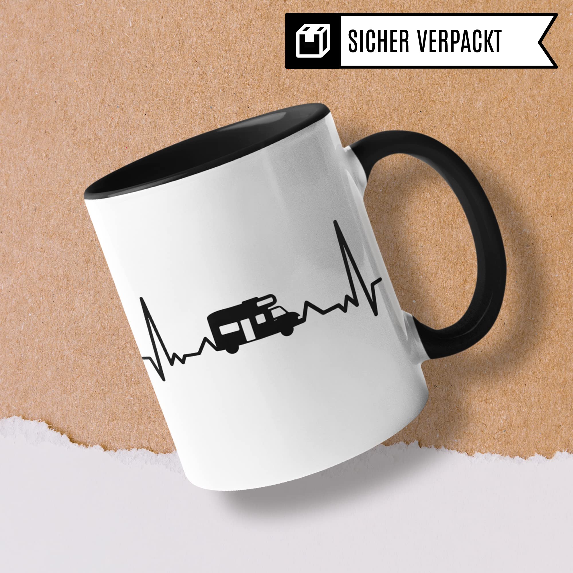 Tasse Camping lustig, Geschenk Camper Mann & Frau, Kaffeetasse Camping Wohnwagen Herzschlag, Geschenkidee Campen Campingplatz Campingbus Kaffee-Becher