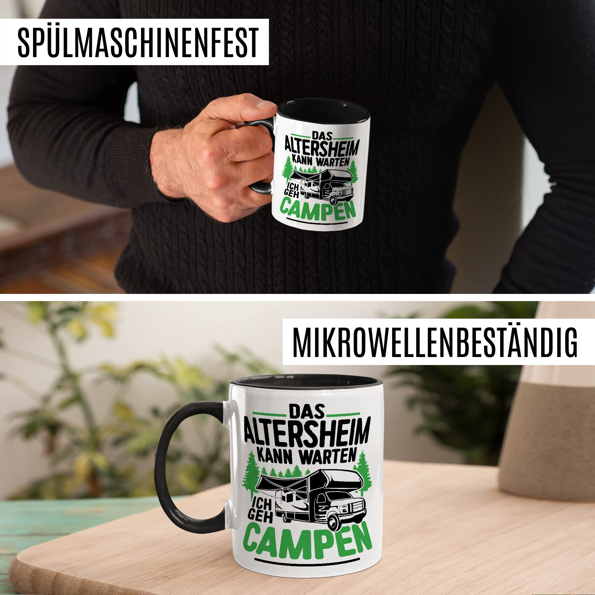 Tasse Campen Geschenk, Das Alterheim kann warten Ich geh campen Geschenk Geschenkidee Kaffeetasse mit liebevollem Spruch Kaffee-Becher Natur Rentner Rentnerin Rente