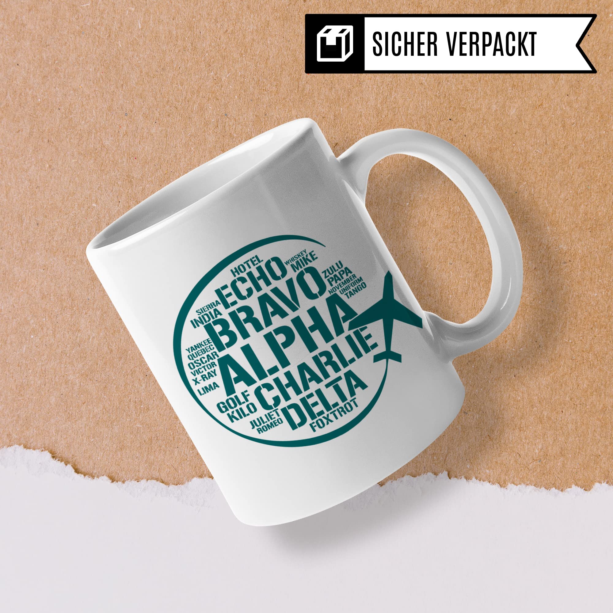 Flieger Tasse, Pilot Geschenk lustig, Piloten Kaffeetasse mit Fliegeralphabet, Fluglotse Geschenkidee, Flugzeug Kaffeebecher, Militäralphabet Teetasse, Nato Alphabet