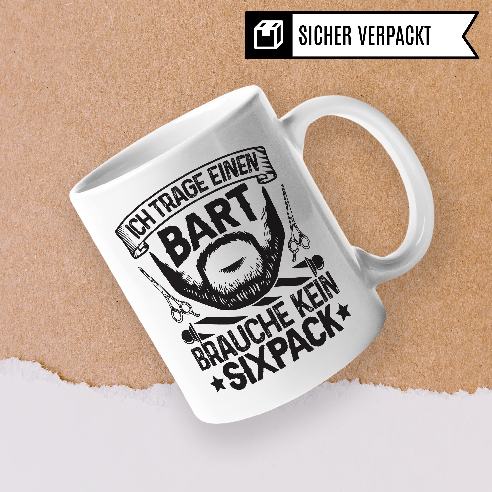 Bartträger Tasse, Ich trage einen Bart - brauche kein Sixpack, Bart Geschenkidee, lustiger Spruch Mann mit Bart, Geschenk Kollegen Freund Kumpel Kaffee-Becher