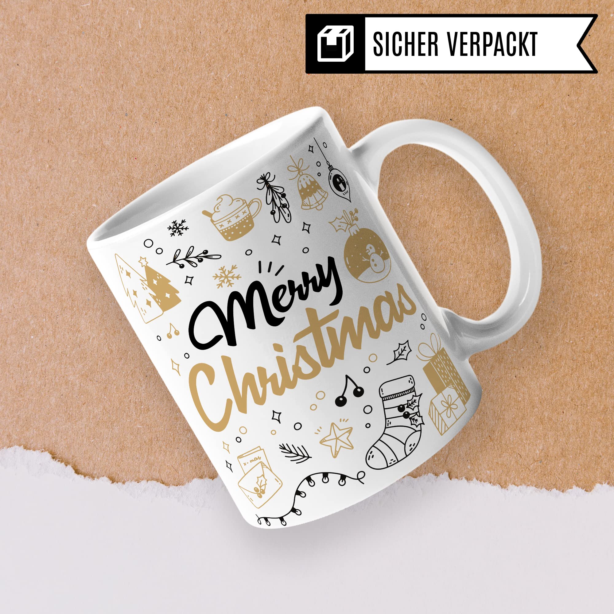 Merry Christmas Tasse Weihnachten Kaffeetasse xmas Geschenk Kollegen Geschenkidee Mama Advent Glühwein-Becher Tee Oma Deko Winter weihnachtlich Rot Gold Amerikanisch