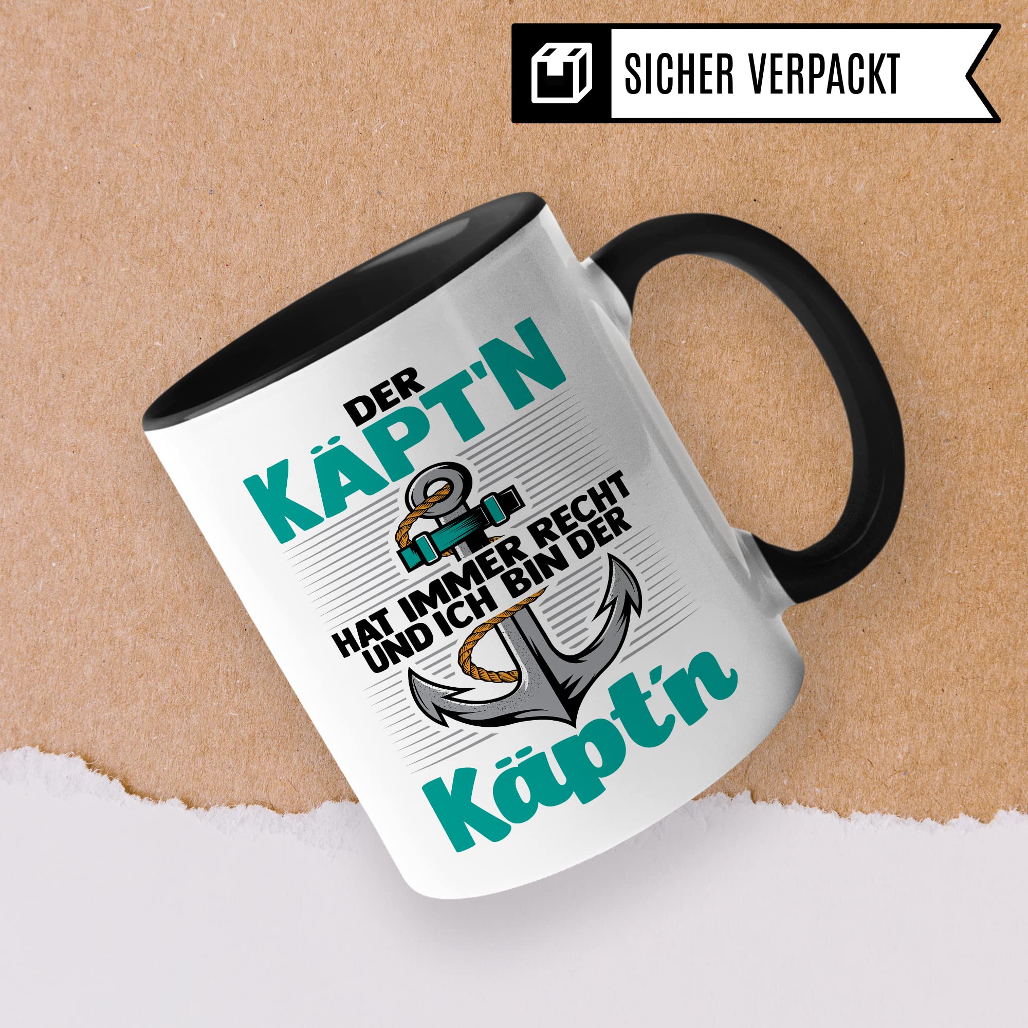 Kapitän Tasse, Der Käpt´n hat immer Recht und ich bin der Käpt´n Geschenk Kaffee-Becher Geschenkidee Bootliebhaber Kaffeetasse Bootbesitzer Tasse mit Spruch lustig Motiv