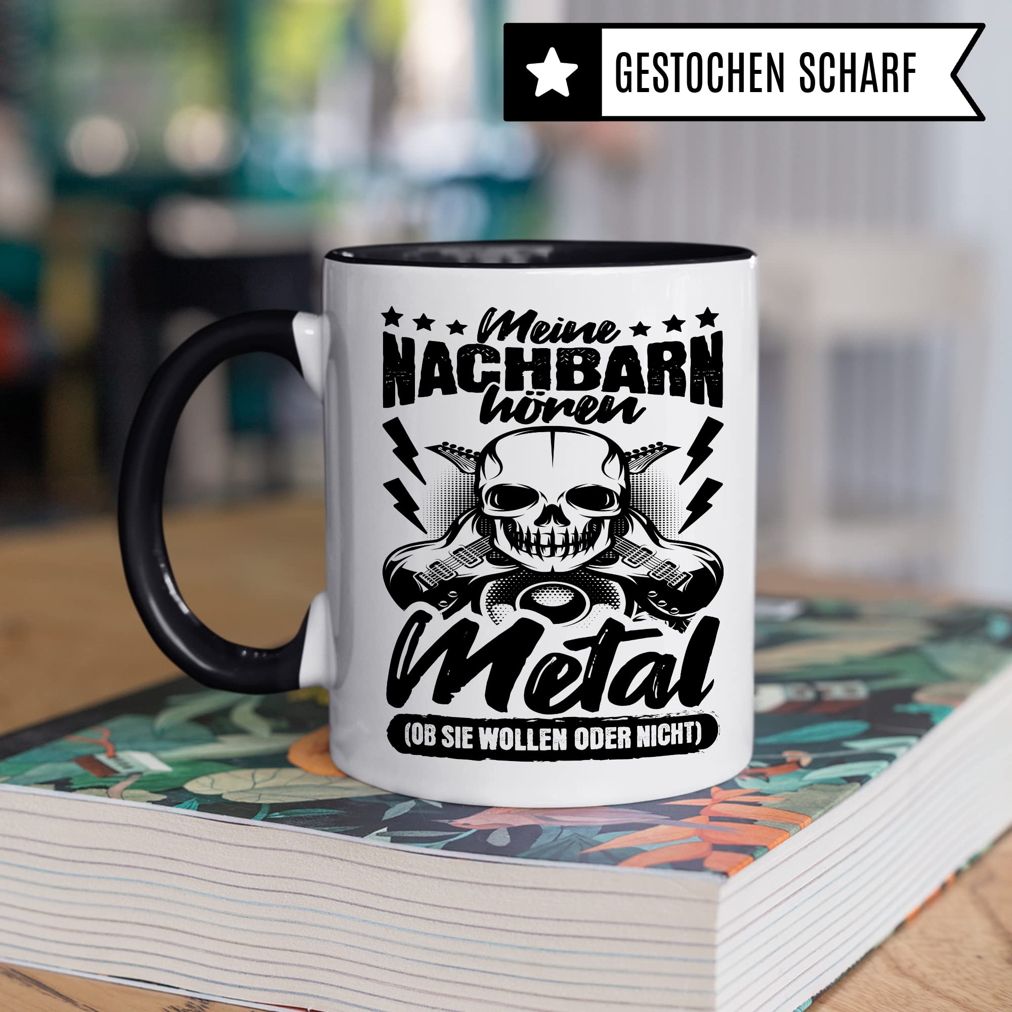 Metal Tasse Rocker Kaffeetasse Metal Fan Geschenkidee Kaffee-Becher Metalic Geschenk Spruch lustig Humor Teetasse Witz Meine Nachbarn hören Metal