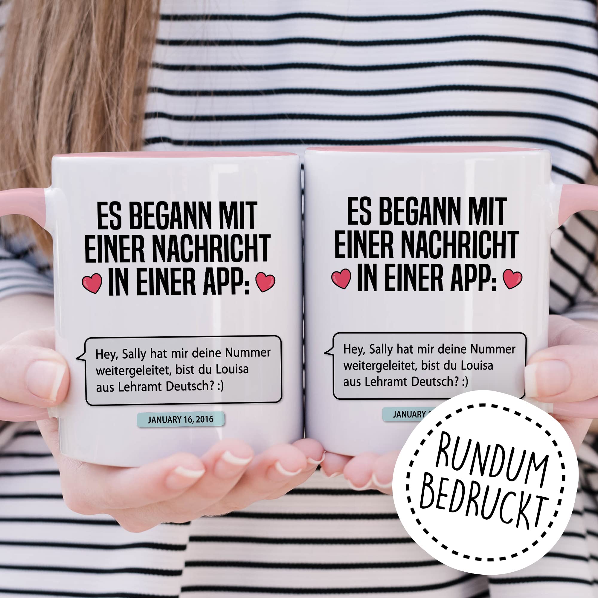 Valentinstag Tasse personalisierbar Geschenk, Es begann mit einer Nachricht in einer App: (personalisiert) Geschenkidee Freundin Kaffeetasse mit anpassbarem Text persönlicher Kaffee-Becher