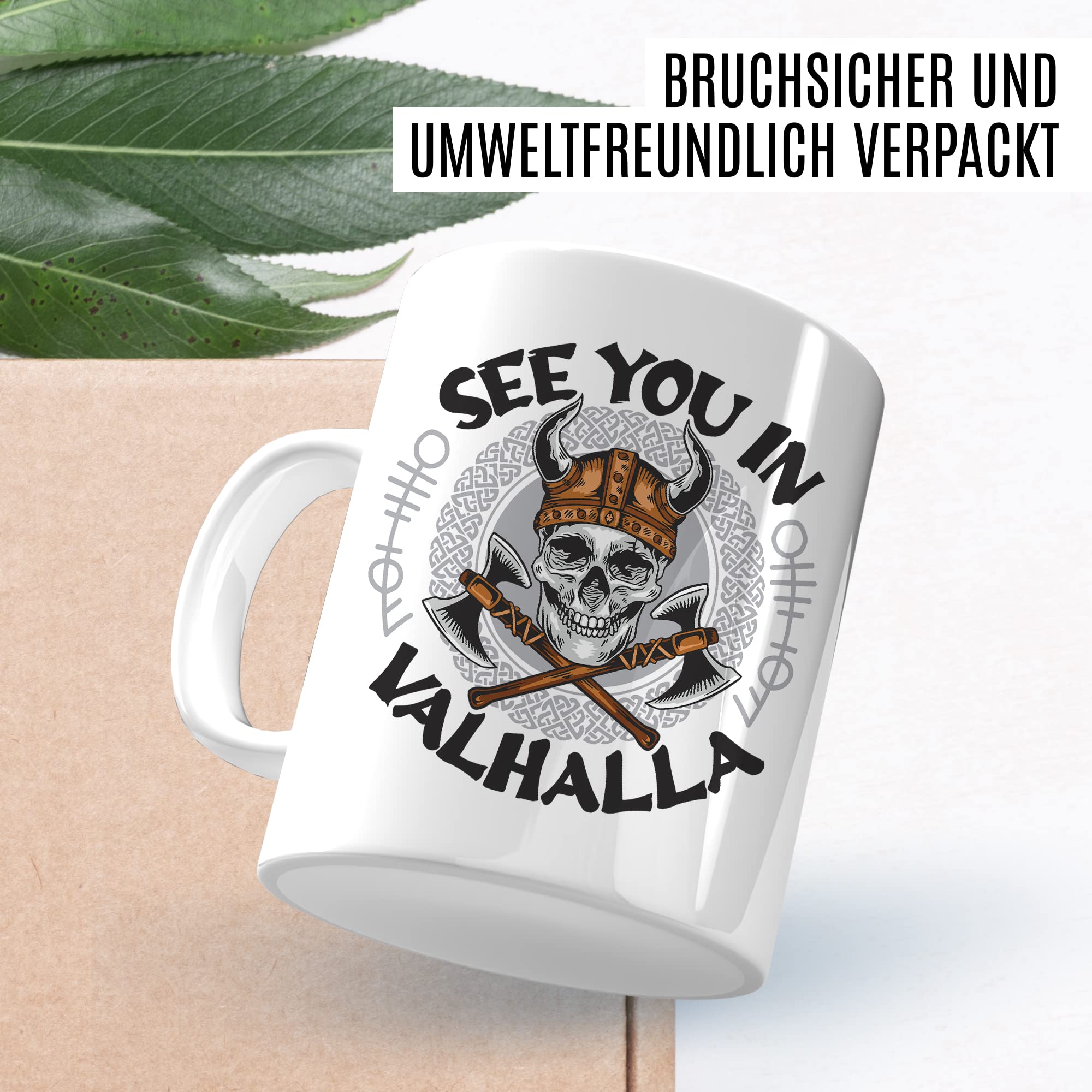 Tasse Wikinger Geschenk, See you in Valhalla Geschenkidee Kaffee-Becher Kaffetasse mit Motiv Wikinger Valhalla Viking Teetasse Totenkopf Axt