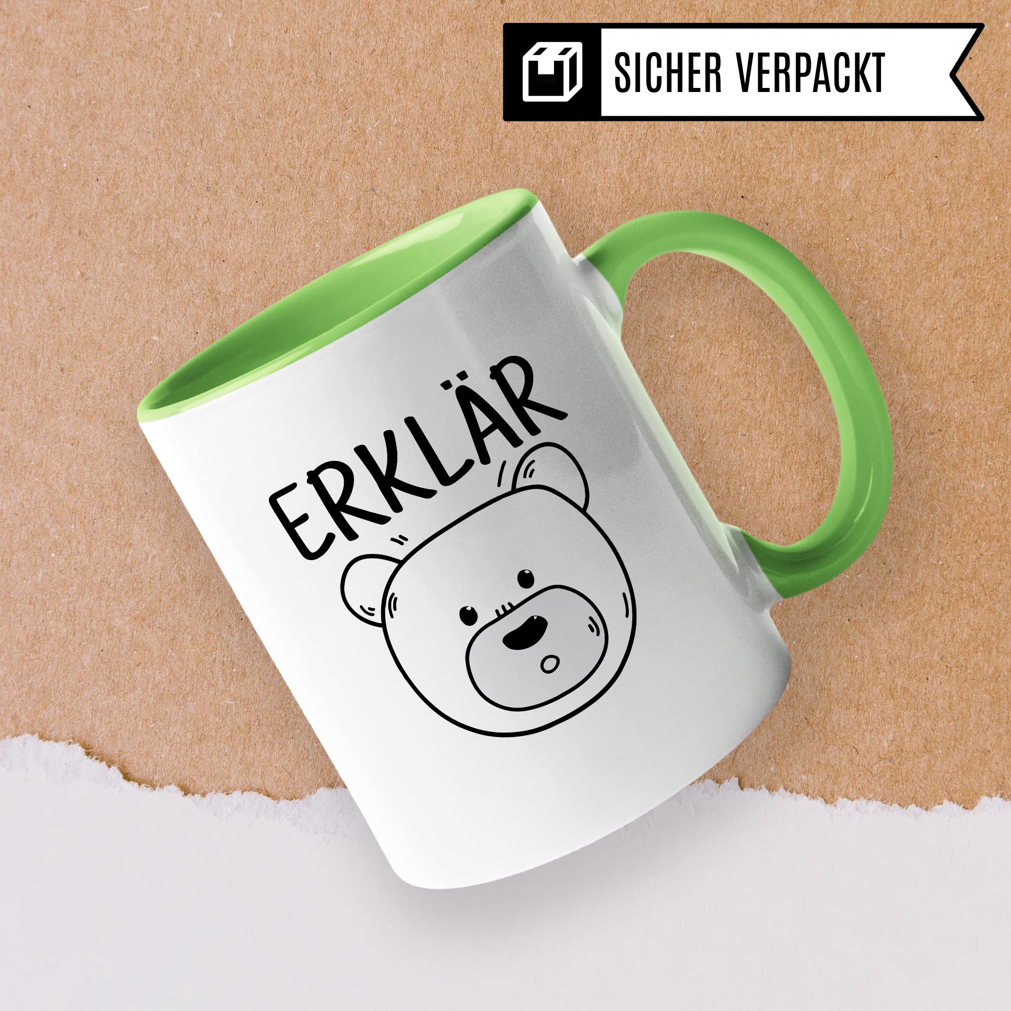 Tasse Erklärbär Geschenk Tasse mit Wortspiel Geschenkidee Kaffeetasse Tasse mit Spruch lustig Bären-Motiv Kaffee-Becher Teetasse Witztasse Humor Witz Deutschlehrer Germanistik