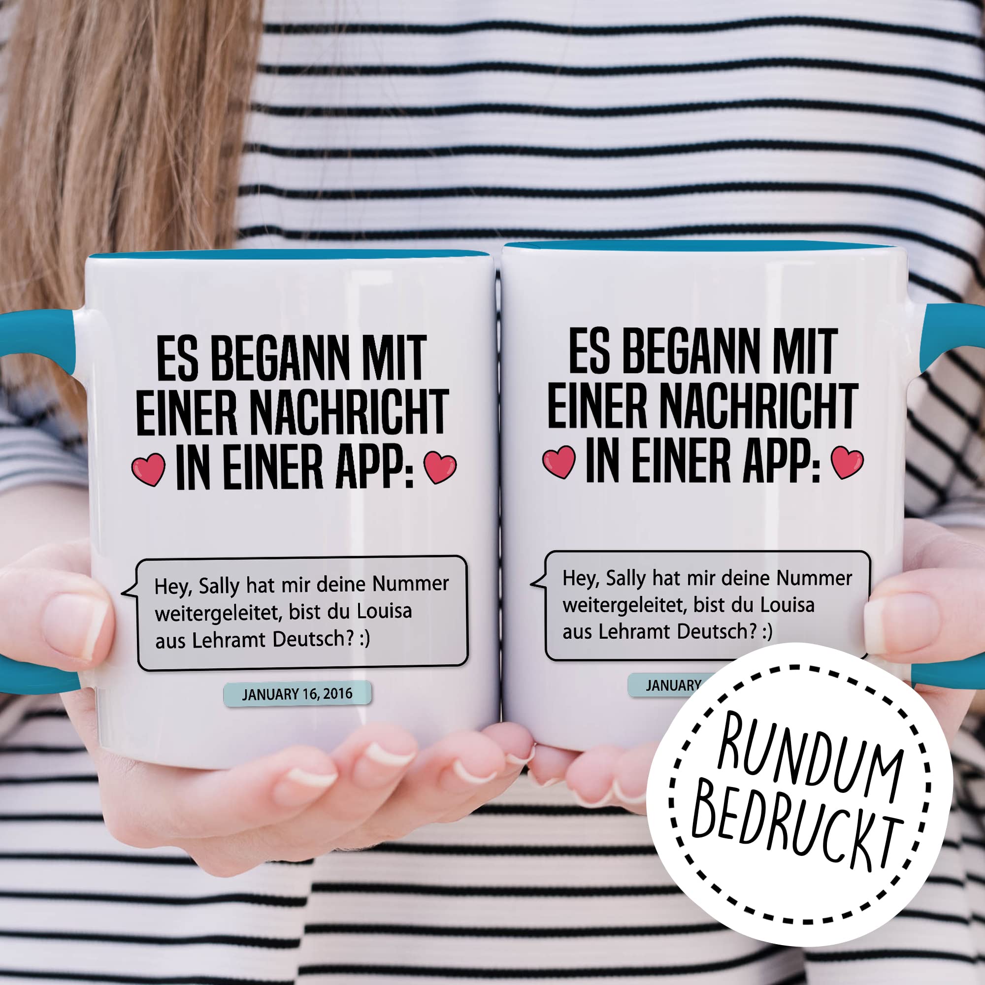 Valentinstag Tasse personalisierbar Geschenk, Es begann mit einer Nachricht in einer App: (personalisiert) Geschenkidee Freundin Kaffeetasse mit anpassbarem Text persönlicher Kaffee-Becher