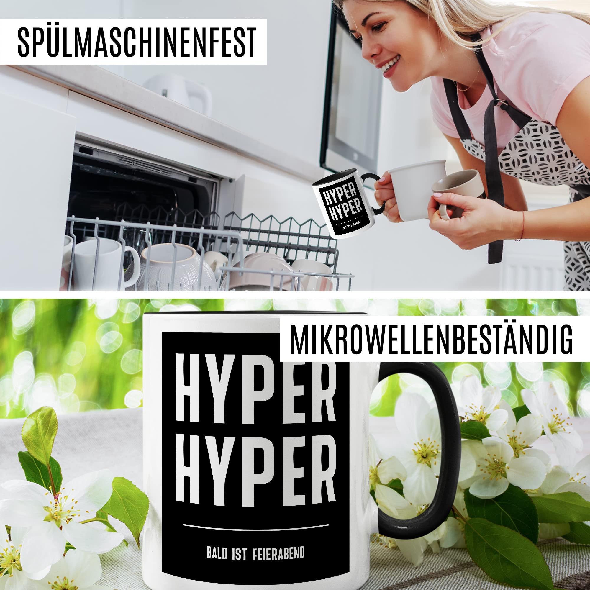 HYPER HYPER Tasse mit Spruch bald ist Feierabend Kaffeetasse lustig 90er Rave Kaffee-Becher Arbeit lustig Geschenkidee Kollegen Humor Scooter Büro Tasse Witz Geschenk Kollegin Kollege