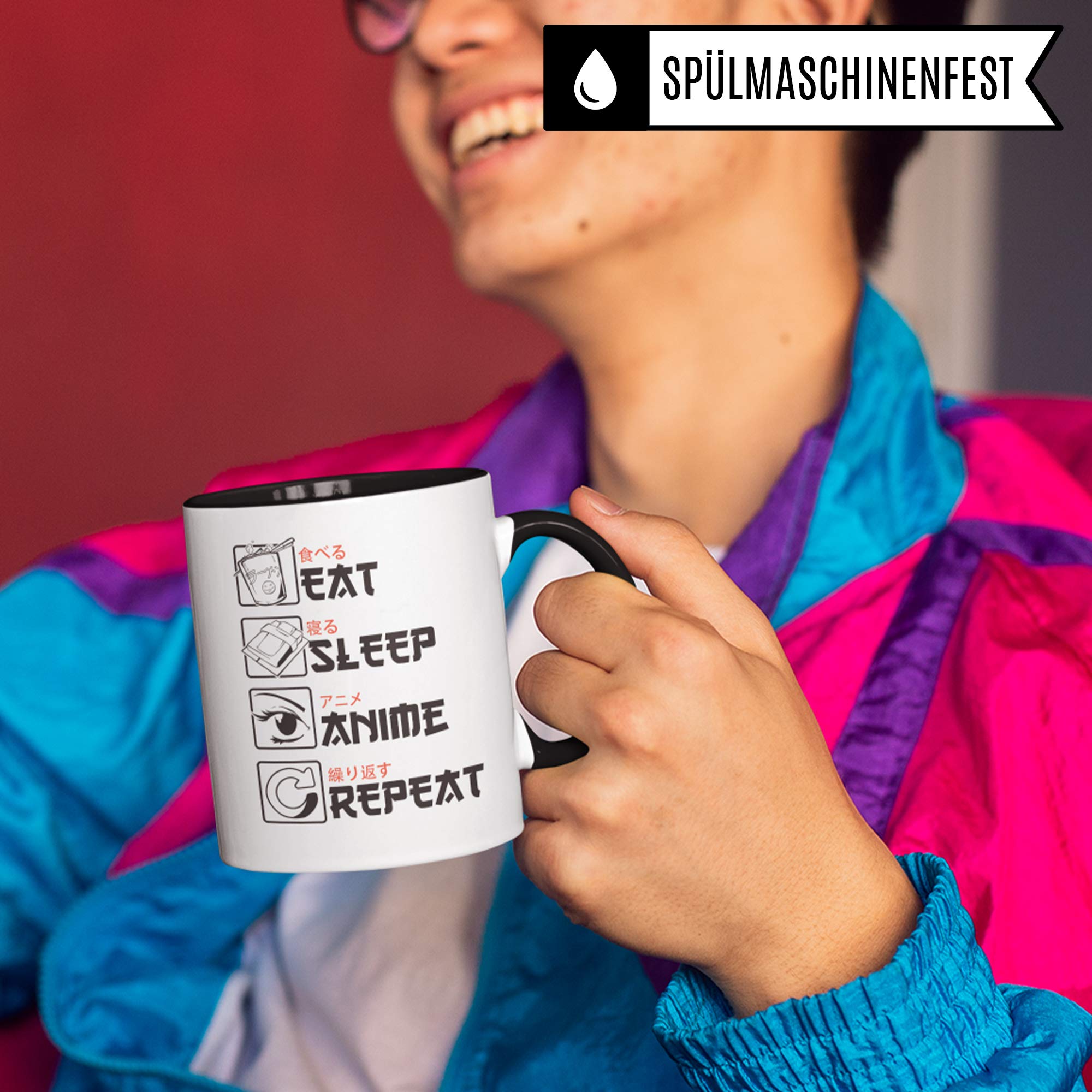 Eat Sleep Anime Repeat - Anime Tasse Geschenk - Spruch Becher Otaku Geschenkidee - Baka Kaffeetasse Japan Manga