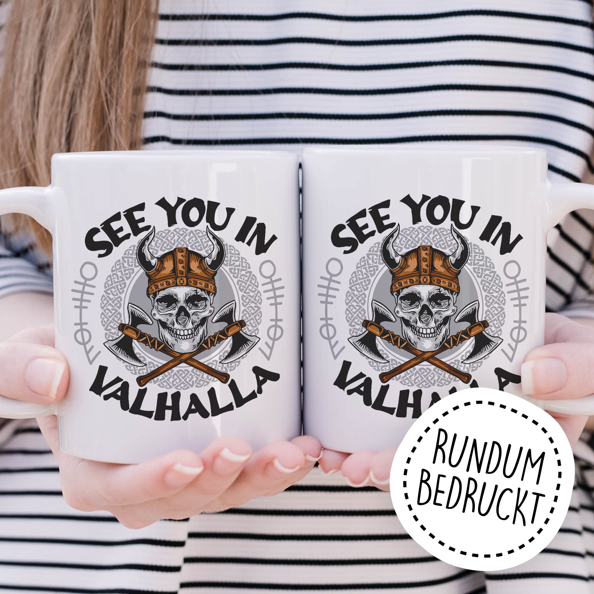 Tasse Wikinger Geschenk, See you in Valhalla Geschenkidee Kaffee-Becher Kaffetasse mit Motiv Wikinger Valhalla Viking Teetasse Totenkopf Axt
