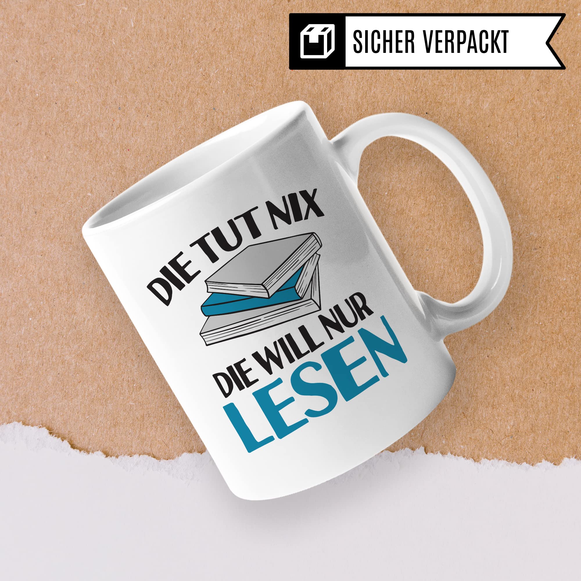 Lesen Tasse lustig Kaffeetasse mit Spruch Bücherwurm Geschenkidee Humor Kaffee-Becher Leseratte Geschenk Die tut nix Die will nur lesen Freundin Kollegin Buch Fan Geschenkartikel lustig Teetasse