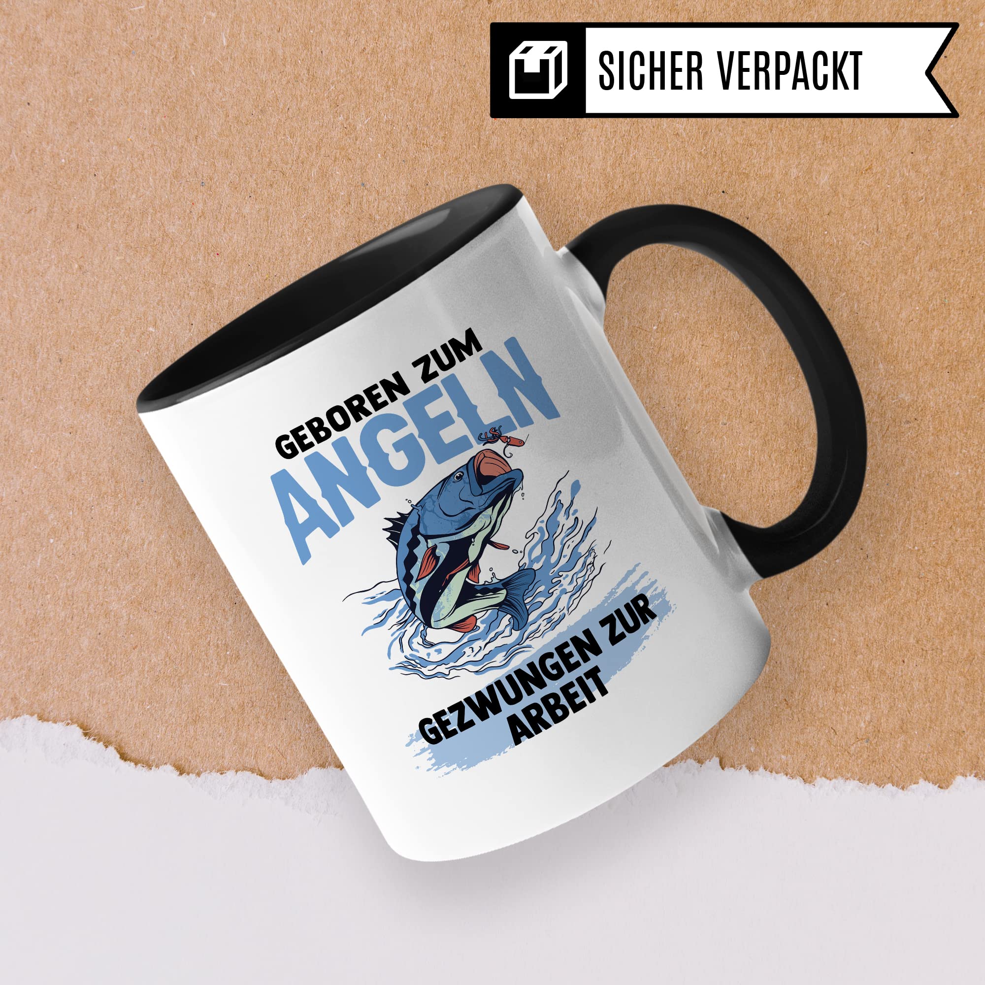 Tasse Angler, Geboren zum Angeln - Gezwungen zur Arbeit Geschenk Geschenkidee Fischer Bürogeschenk Kaffeetasse mit Spruch lustig Kaffee-Becher