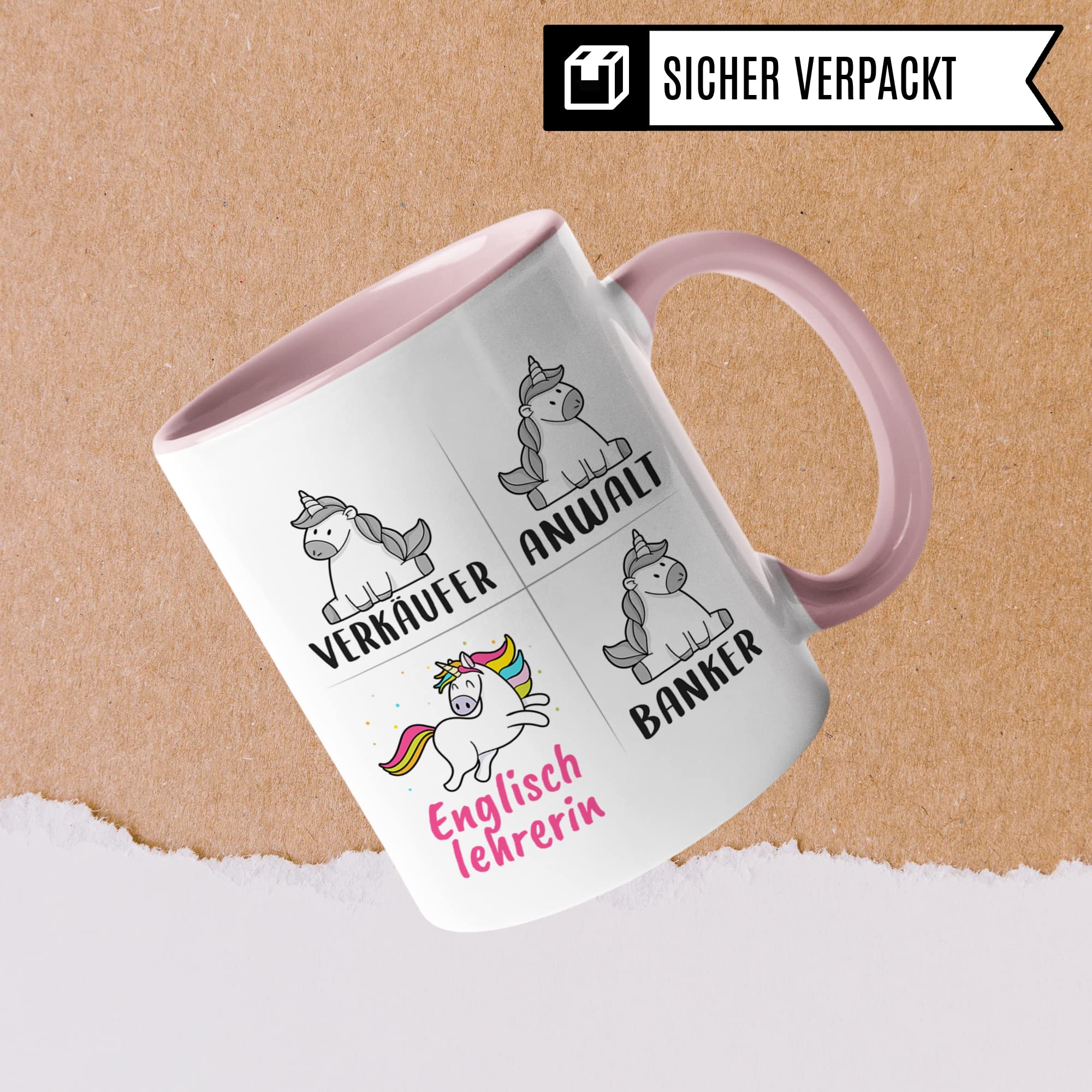 Tasse Englischlehrerin lustig, Englischlehrerin Geschenk, Spruch Englisch Lehrerin Kaffeebecher Geschenkidee, Kaffeetasse Beruf Unterricht Einhorn Frauen Teetasse Lehramt Schule Becher