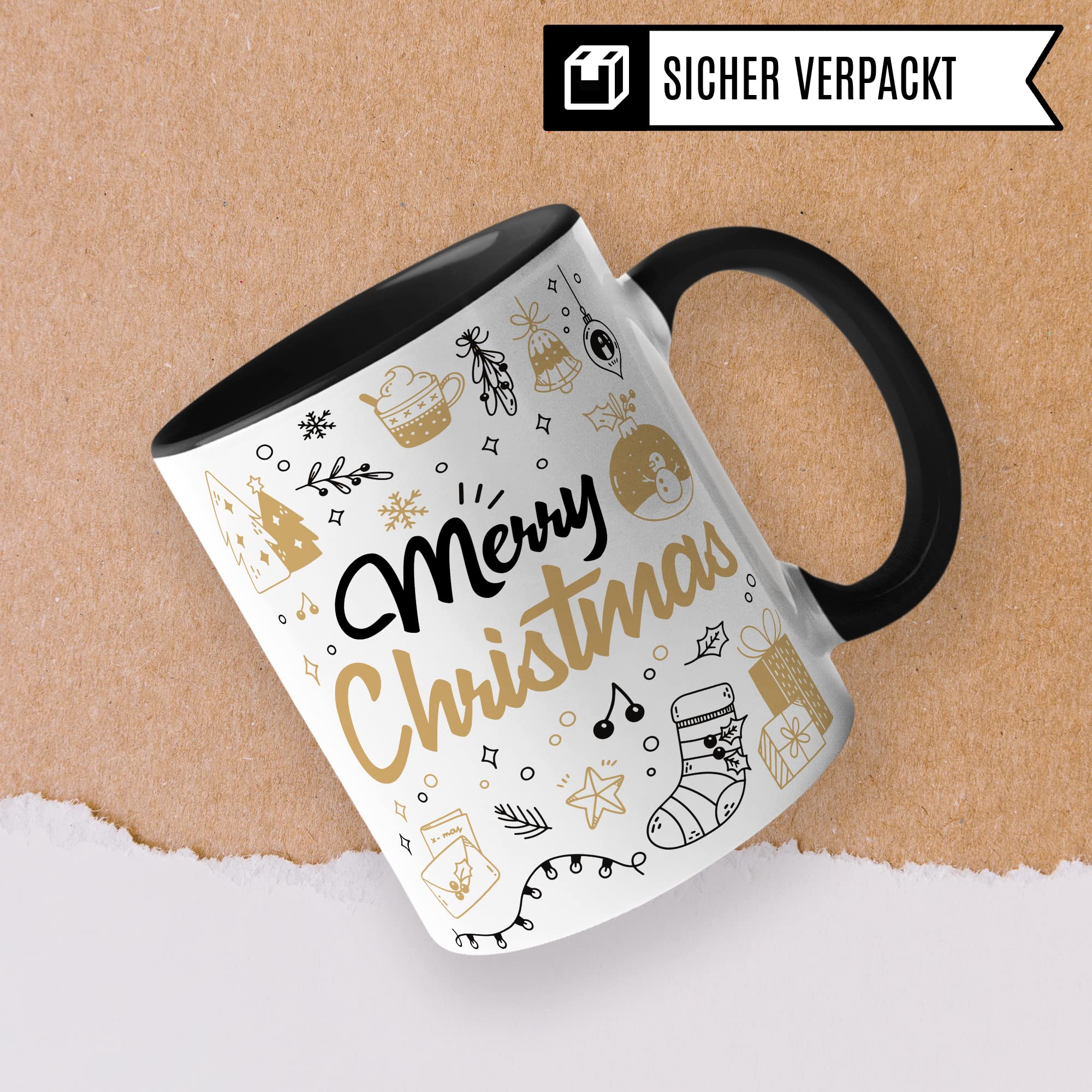 Merry Christmas Tasse Weihnachten Kaffeetasse xmas Geschenk Kollegen Geschenkidee Mama Advent Glühwein-Becher Tee Oma Deko Winter weihnachtlich Rot Gold Amerikanisch