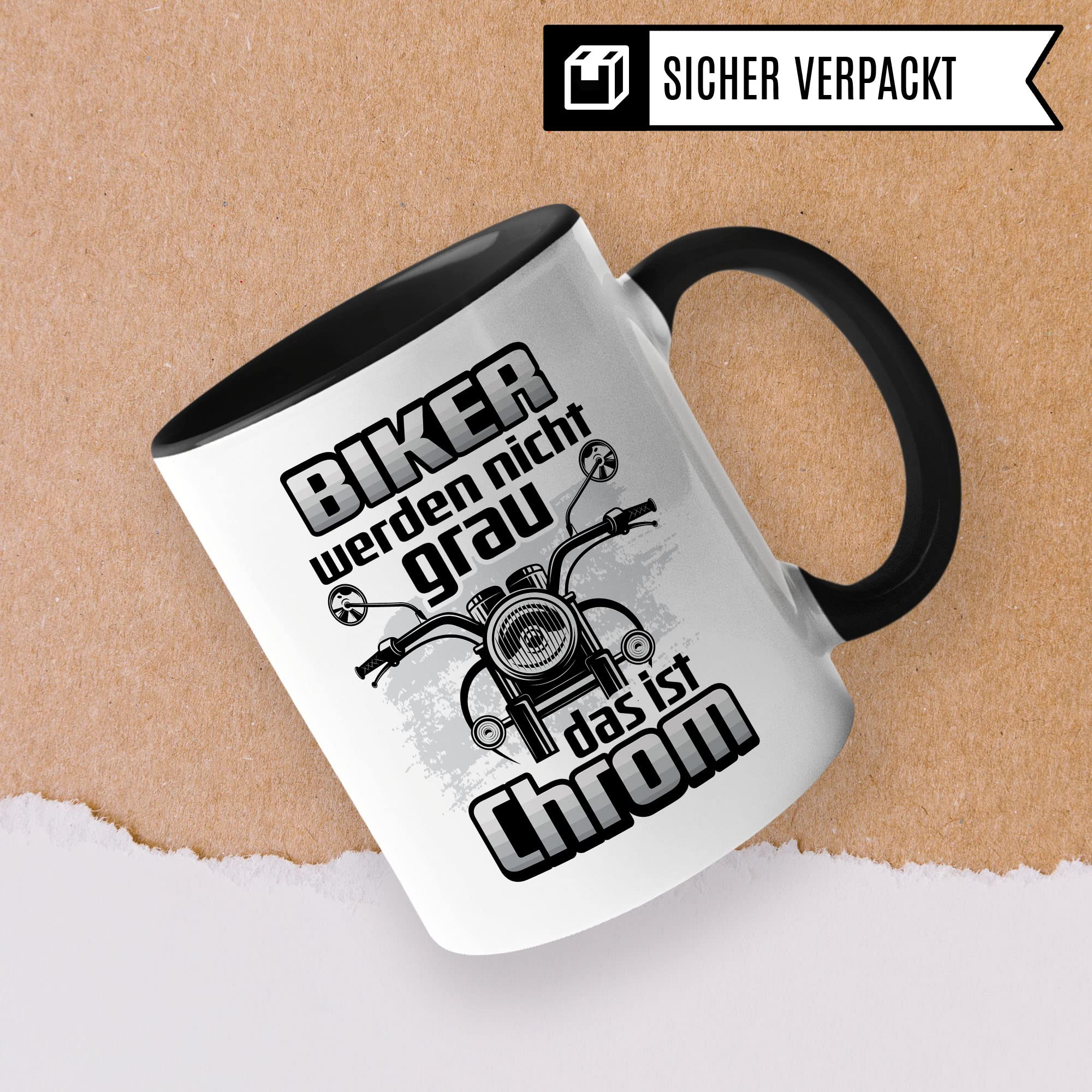 Motorrad Tasse - Biker werden nicht grau das ist Chrom - Biker Geschenk, Spruch lustig Motiv Geschenkidee Kaffeetasse Motorradfahrer Motorradfahrerin Kaffee-Becher